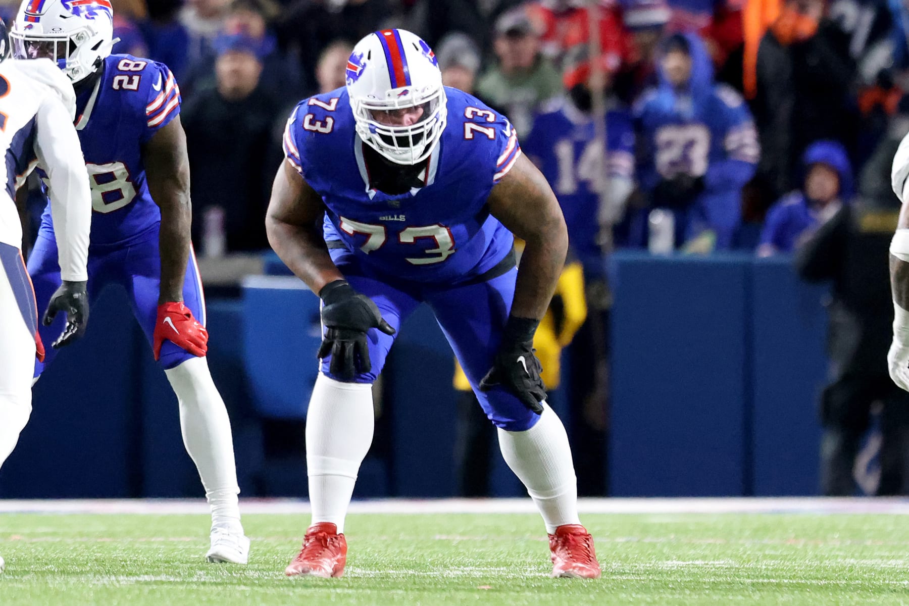 ORCHARD PARK, NEW YORK - NOVEMBER 13: Dion Dawkins #73 of the Buffalo Bills lines up during the fourth quarter against the Denver Broncos at Highmark Stadium on November 13, 2023 in Orchard Park, New York. (Photo by Bryan Bennett/Getty Images)