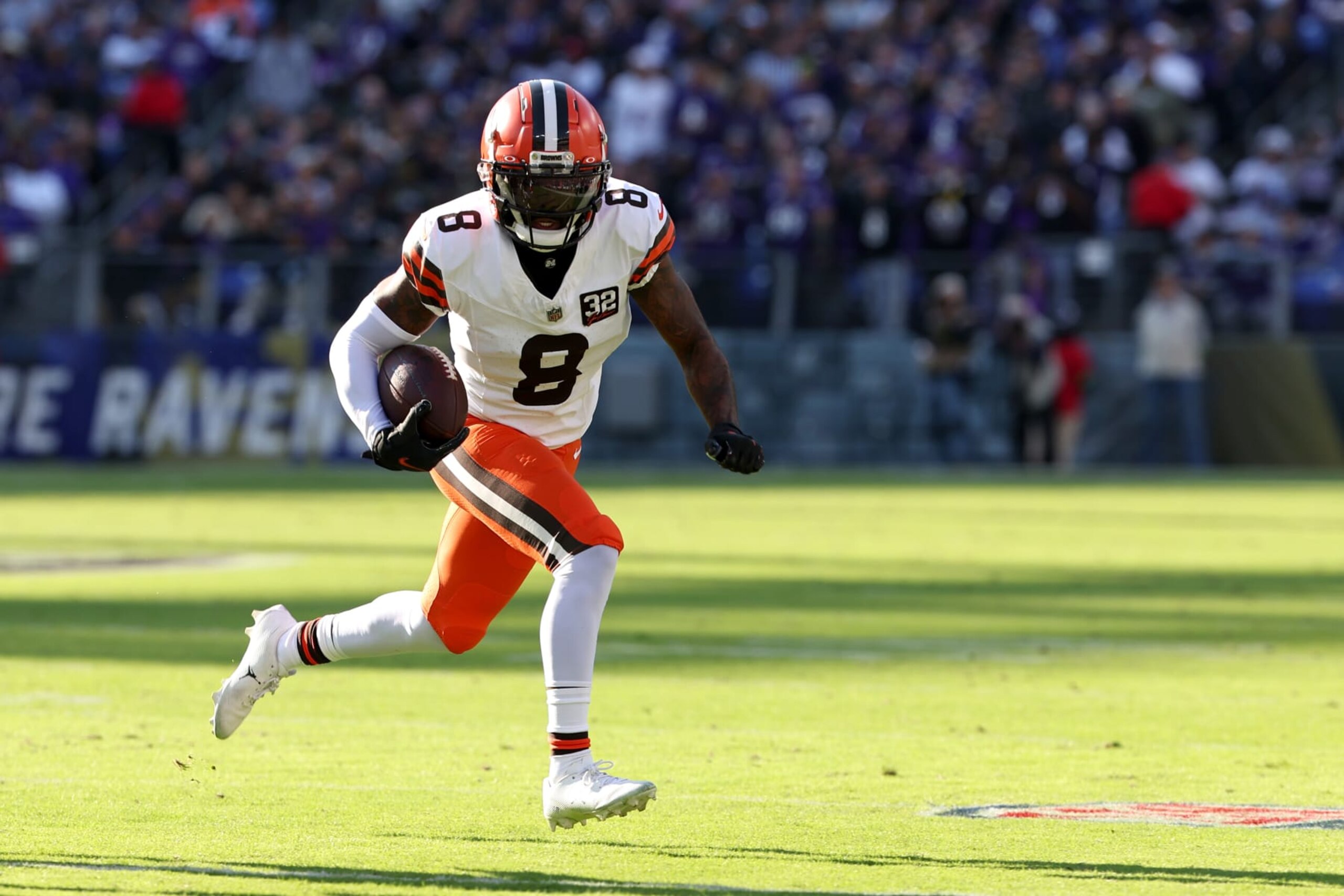 BALTIMORE, MARYLAND - NOVEMBER 12: Elijah Moore #8 of the Cleveland Browns runs the ball against the Baltimore Ravens during the second quarter at M&T Bank Stadium on November 12, 2023 in Baltimore, Maryland. (Photo by Scott Taetsch/Getty Images)