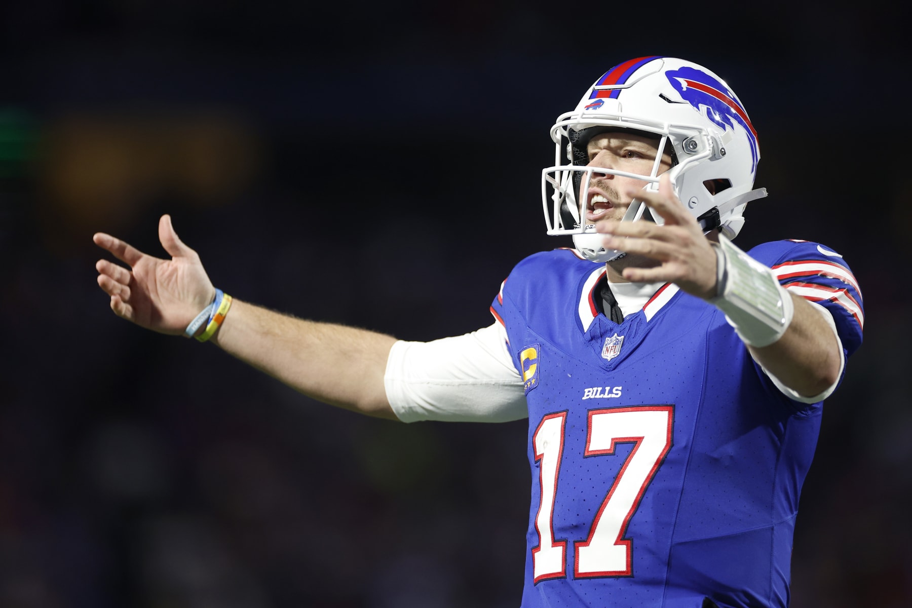 ORCHARD PARK, NEW YORK - NOVEMBER 19: Josh Allen #17 of the Buffalo Bills celebrates after throwing a touchdown pass in the third quarter against the New York Jets at Highmark Stadium on November 19, 2023 in Orchard Park, New York. (Photo by Sarah Stier/Getty Images)