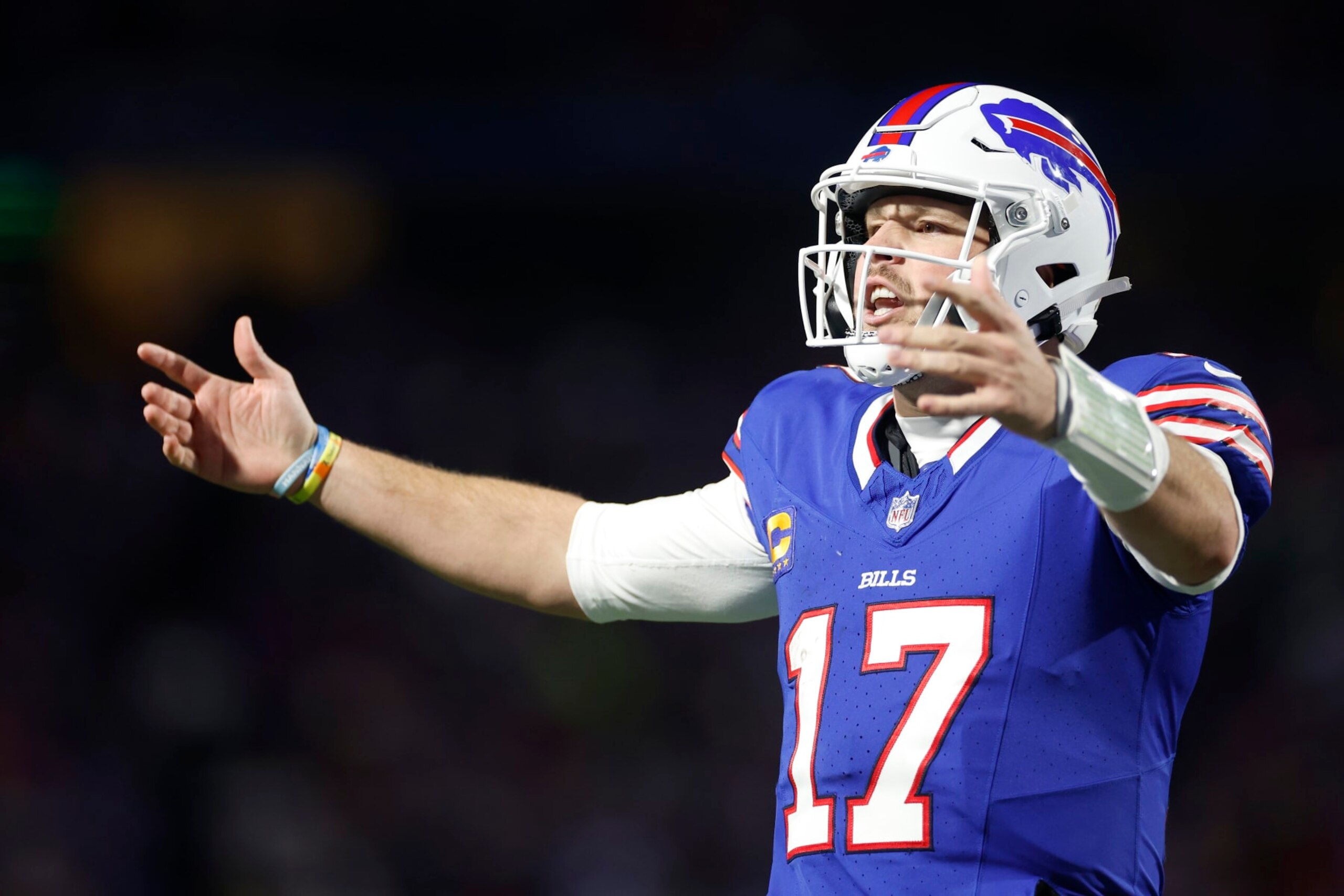 ORCHARD PARK, NEW YORK - NOVEMBER 19: Josh Allen #17 of the Buffalo Bills celebrates after throwing a touchdown pass in the third quarter against the New York Jets at Highmark Stadium on November 19, 2023 in Orchard Park, New York. (Photo by Sarah Stier/Getty Images)