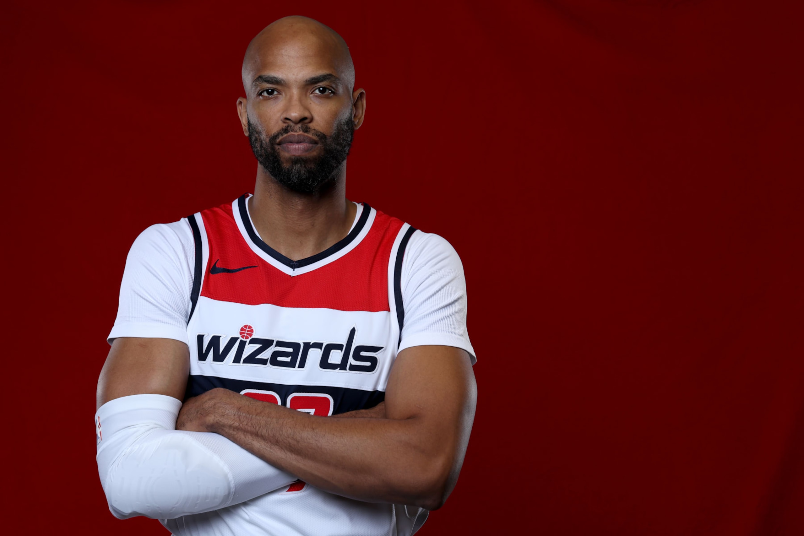 WASHINGTON, DC - OCTOBER 02: Taj Gibson #67 of the Washington Wizards poses for a portrait during media day at Capital One Arena on October 02, 2023 in Washington, DC. NOTE TO USER: User expressly acknowledges and agrees that, by downloading and or using this photograph, User is consenting to the terms and conditions of the Getty Images License Agreement.  (Photo by Rob Carr/Getty Images)