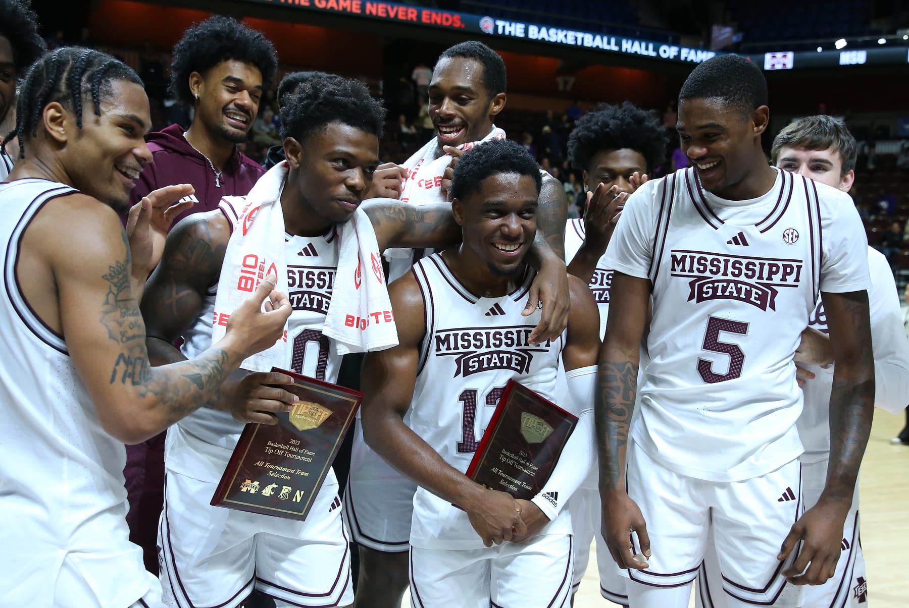 UNCASVILLE, CT - NOVEMBER 19: Mississippi State Bulldogs guard Dashawn Davis (10) and Mississippi State Bulldogs guard Josh Hubbard (13) pose with All Tournment Team Selection plaques at the conclusion of the Basket Hall of Fame Tip Off game on November 19, 2023, at Mohegan Sun Arena in Uncasville, CT. (Photo by M. Anthony Nesmith/Icon Sportswire via Getty Images)