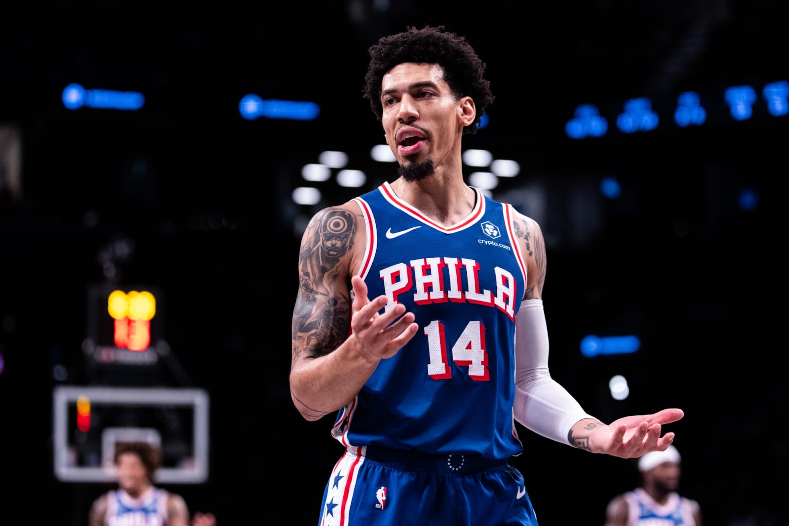 NEW YORK, NEW YORK - OCTOBER 16: Danny Green #14 of the Philadelphia 76ers reacts on during the fourth quarter of the preseason game against the Brooklyn Nets at Barclays Center on October 16, 2023 in New York City. NOTE TO USER: User expressly acknowledges and agrees that, by downloading and or using this photograph, User is consenting to the terms and conditions of the Getty Images License Agreement. (Photo by Dustin Satloff/Getty Images)