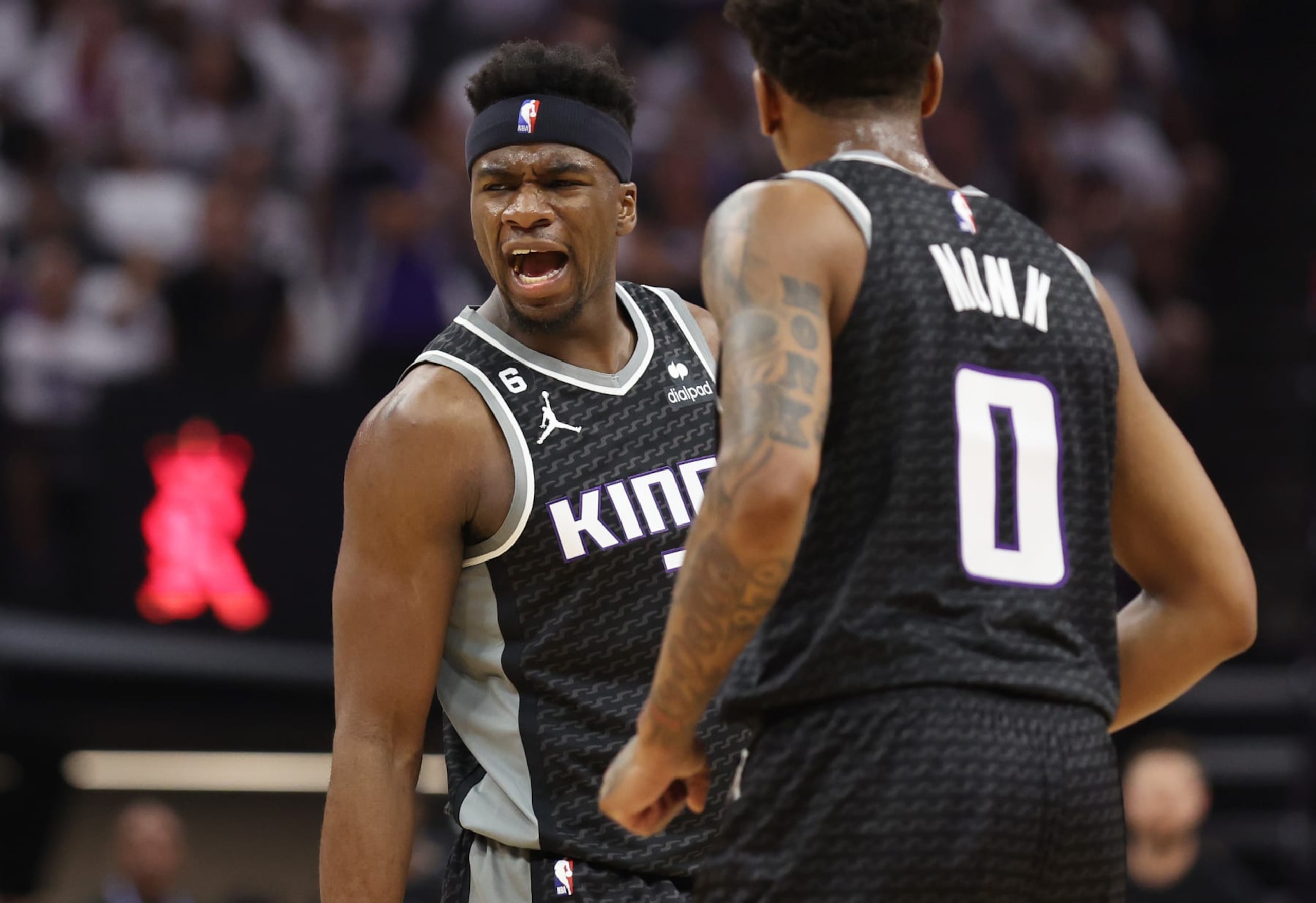 SACRAMENTO, CALIFORNIA - APRIL 30: Terence Davis #3 of the Sacramento Kings reacts during the second quarter against the Golden State Warriors in game seven of the Western Conference First Round Playoffs at Golden 1 Center on April 30, 2023 in Sacramento, California. NOTE TO USER: User expressly acknowledges and agrees that, by downloading and or using this photograph, User is consenting to the terms and conditions of the Getty Images License Agreement. (Photo by Ezra Shaw/Getty Images)