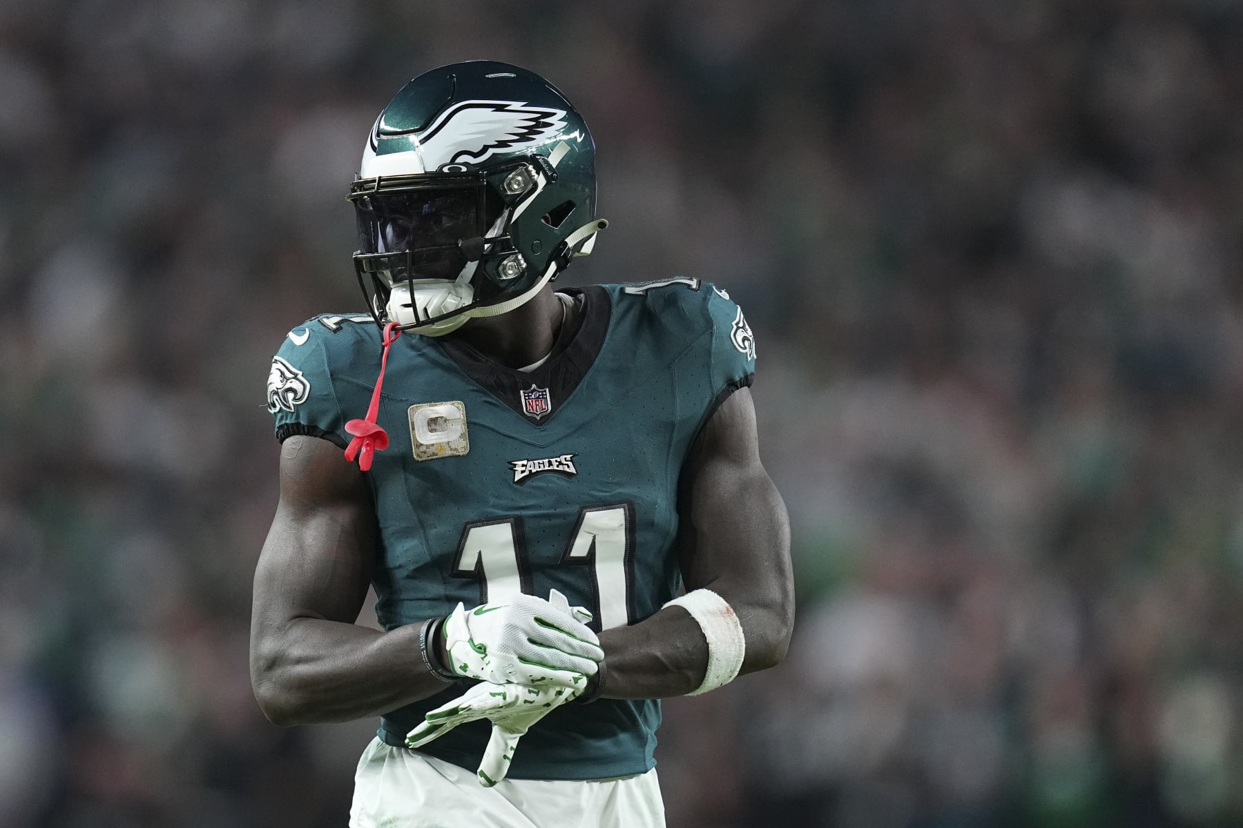 PHILADELPHIA, PENNSYLVANIA - NOVEMBER 5: A.J. Brown #11 of the Philadelphia Eagles looks on against the Dallas Cowboys at Lincoln Financial Field on November 5, 2023 in Philadelphia, Pennsylvania. (Photo by Mitchell Leff/Getty Images)
