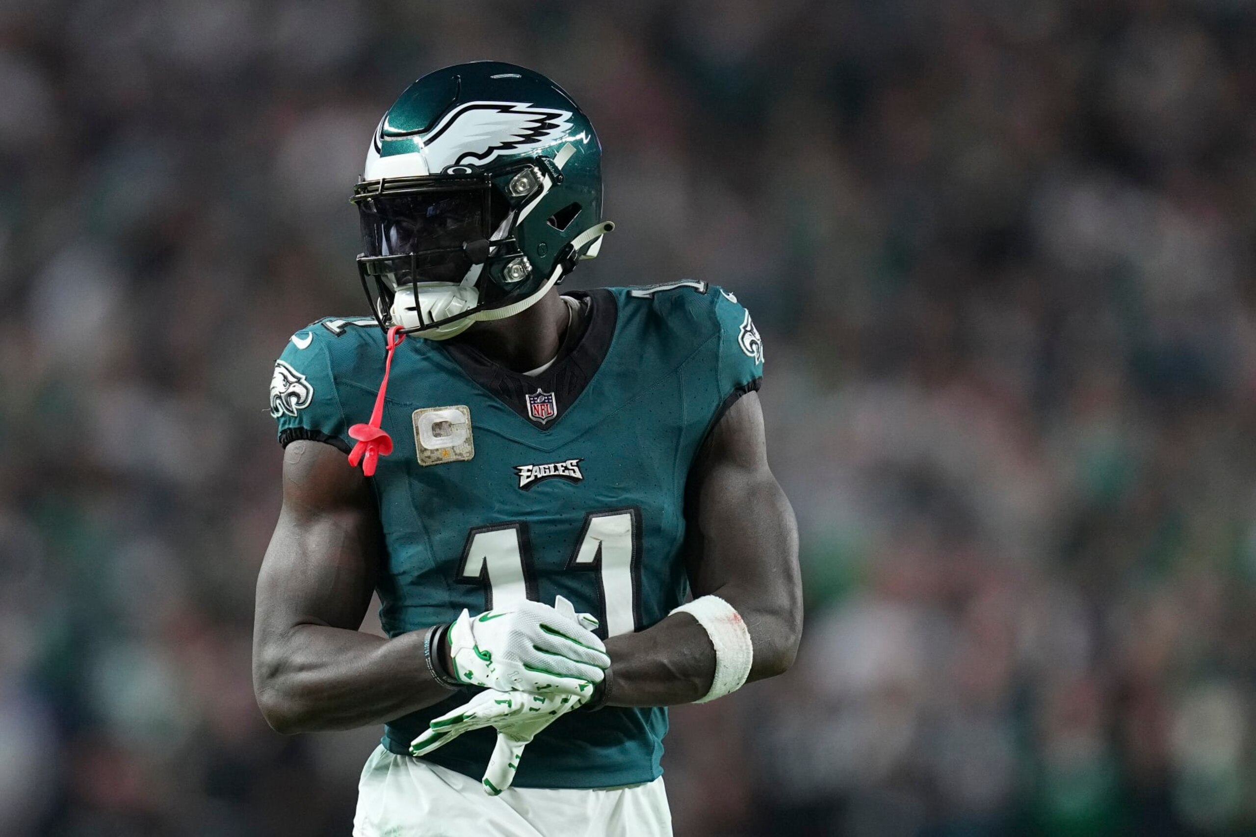 PHILADELPHIA, PENNSYLVANIA - NOVEMBER 5: A.J. Brown #11 of the Philadelphia Eagles looks on against the Dallas Cowboys at Lincoln Financial Field on November 5, 2023 in Philadelphia, Pennsylvania. (Photo by Mitchell Leff/Getty Images)