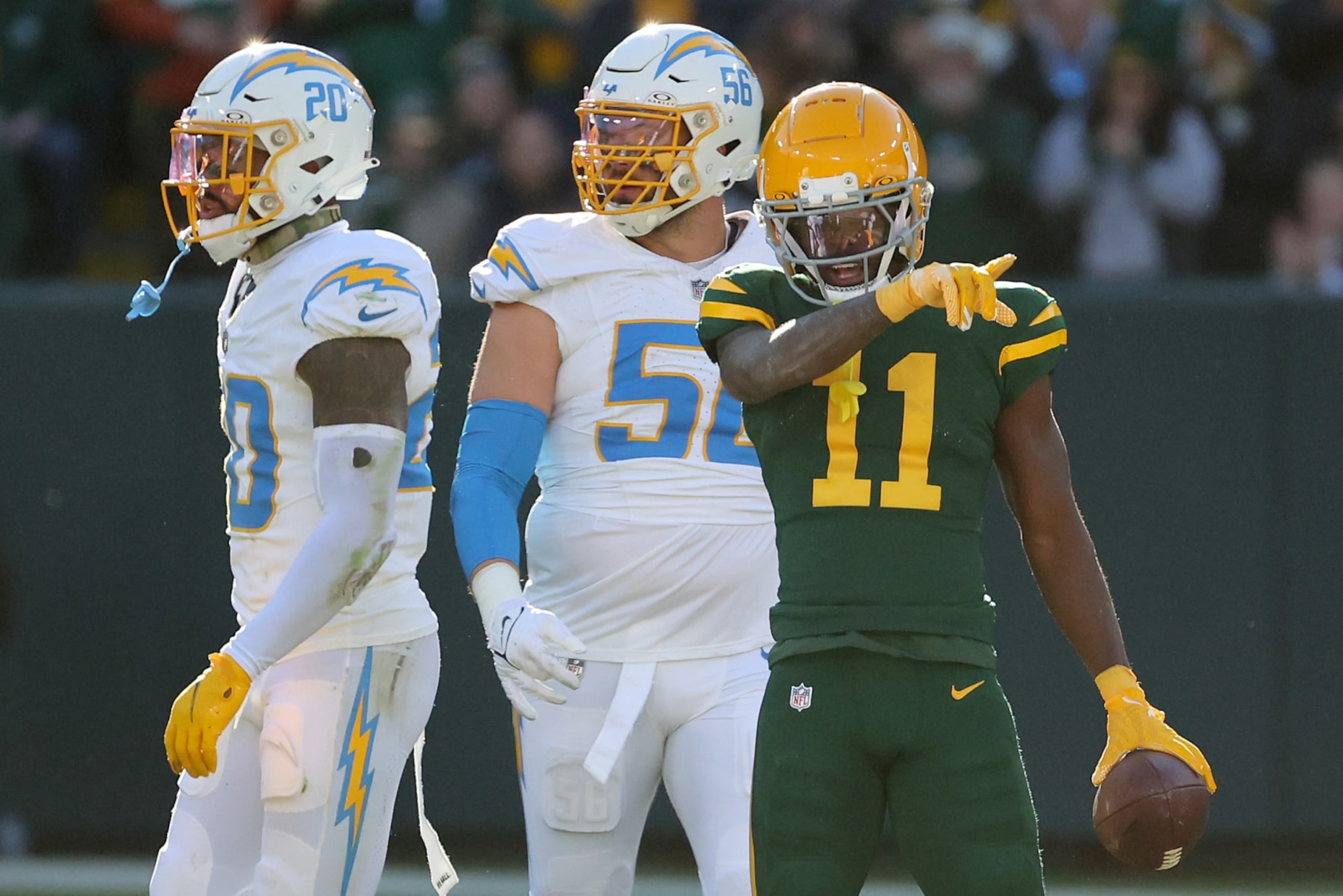 GREEN BAY, WISCONSIN - NOVEMBER 19: Jayden Reed #11 of the Green Bay Packers reacts in the second quarter against the Los Angeles Chargers at Lambeau Field on November 19, 2023 in Green Bay, Wisconsin. (Photo by Stacy Revere/Getty Images) GREEN BAY, WISCONSIN - NOVEMBER 19: Jayden Reed #11 of the Green Bay Packers reacts in the second quarter against the Los Angeles Chargers at Lambeau Field on November 19, 2023 in Green Bay, Wisconsin. (Photo by Stacy Revere/Getty Images)