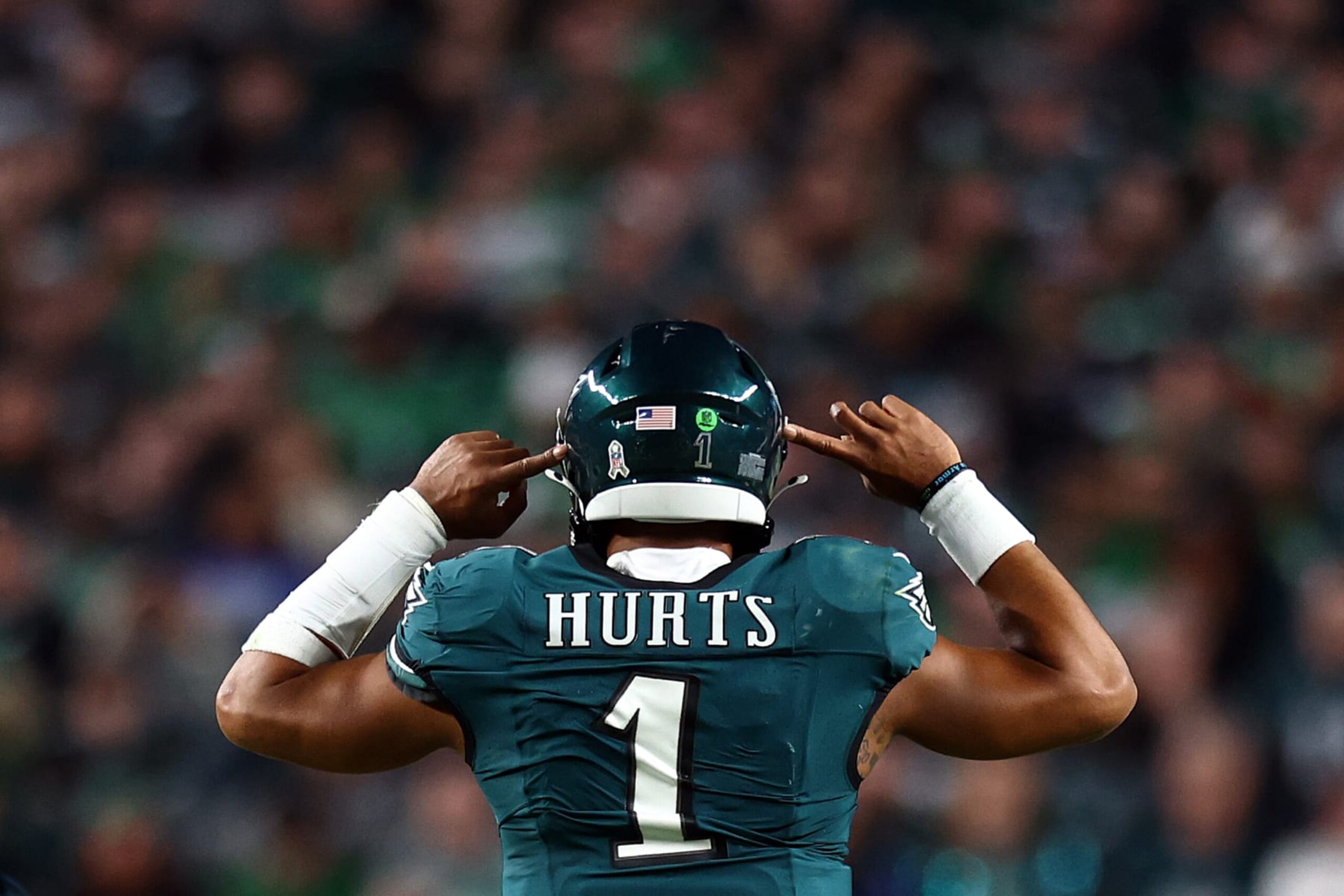 PHILADELPHIA, PENNSYLVANIA - NOVEMBER 05: Jalen Hurts #1 of the Philadelphia Eagles reacts against the Dallas Cowboys at Lincoln Financial Field on November 05, 2023 in Philadelphia, Pennsylvania. (Photo by Tim Nwachukwu/Getty Images)
