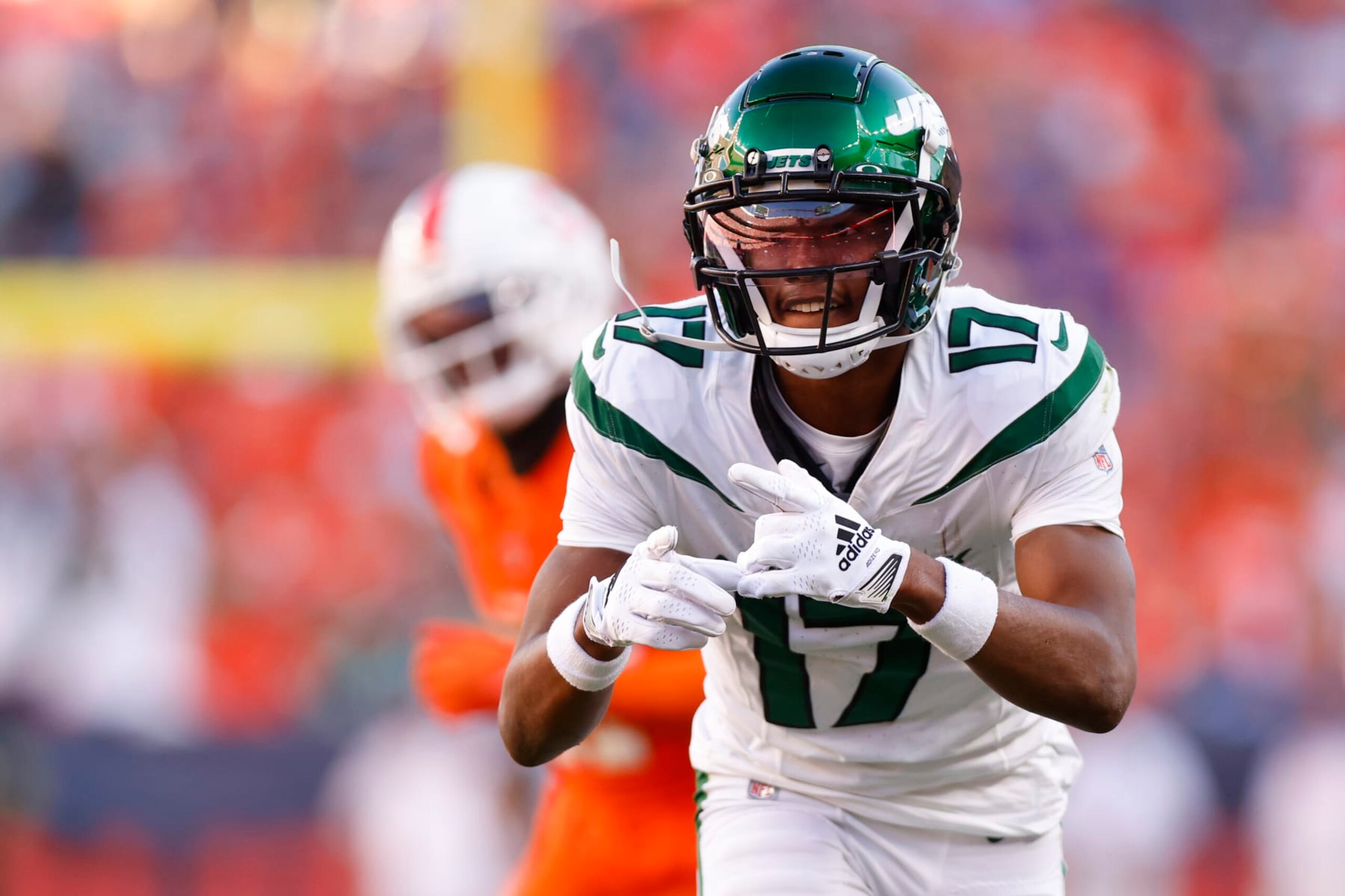 DENVER, COLORADO - OCTOBER 08: Garrett Wilson #17 of the New York Jets celebrates after making a catch in the fourth quarter against the Denver Broncos at Empower Field At Mile High on October 08, 2023 in Denver, Colorado. (Photo by Justin Edmonds/Getty Images) DENVER, COLORADO - OCTOBER 08: Garrett Wilson #17 of the New York Jets celebrates after making a catch in the fourth quarter against the Denver Broncos at Empower Field At Mile High on October 08, 2023 in Denver, Colorado. (Photo by Justin Edmonds/Getty Images)