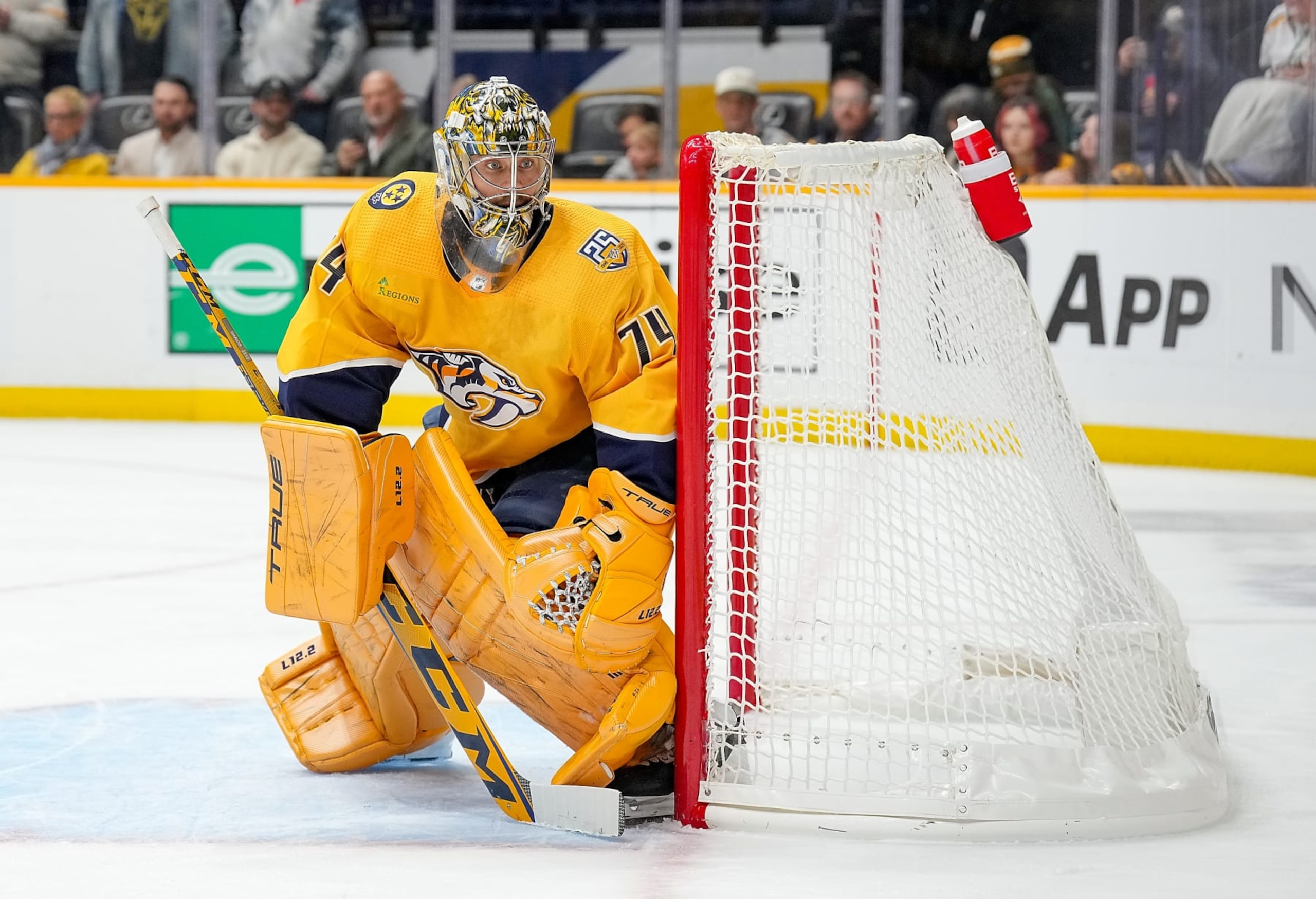 NASHVILLE, TENNESSEE - NOVEMBER 14: Juuse Saros #74 of the Nashville Predators tends net against the Anaheim Ducks during an NHL game at Bridgestone Arena on November 14, 2023 in Nashville, Tennessee. (Photo by John Russell/NHLI via Getty Images)