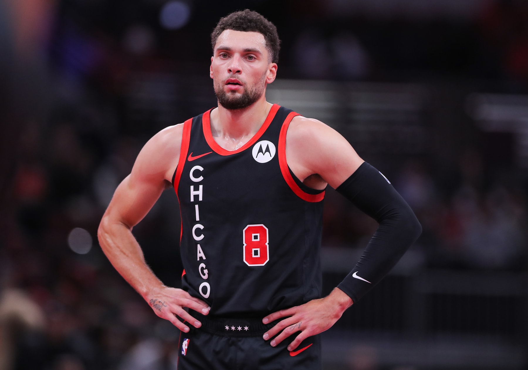 CHICAGO, IL - NOVEMBER 17: Zach LaVine #8 of the Chicago Bulls looks on against the Orlando Magic in the first half of the NBA In-Season Tournament at the United Center on November 17, 2023 in Chicago, Illinois.(Photo by Melissa Tamez/Icon Sportswire via Getty Images)