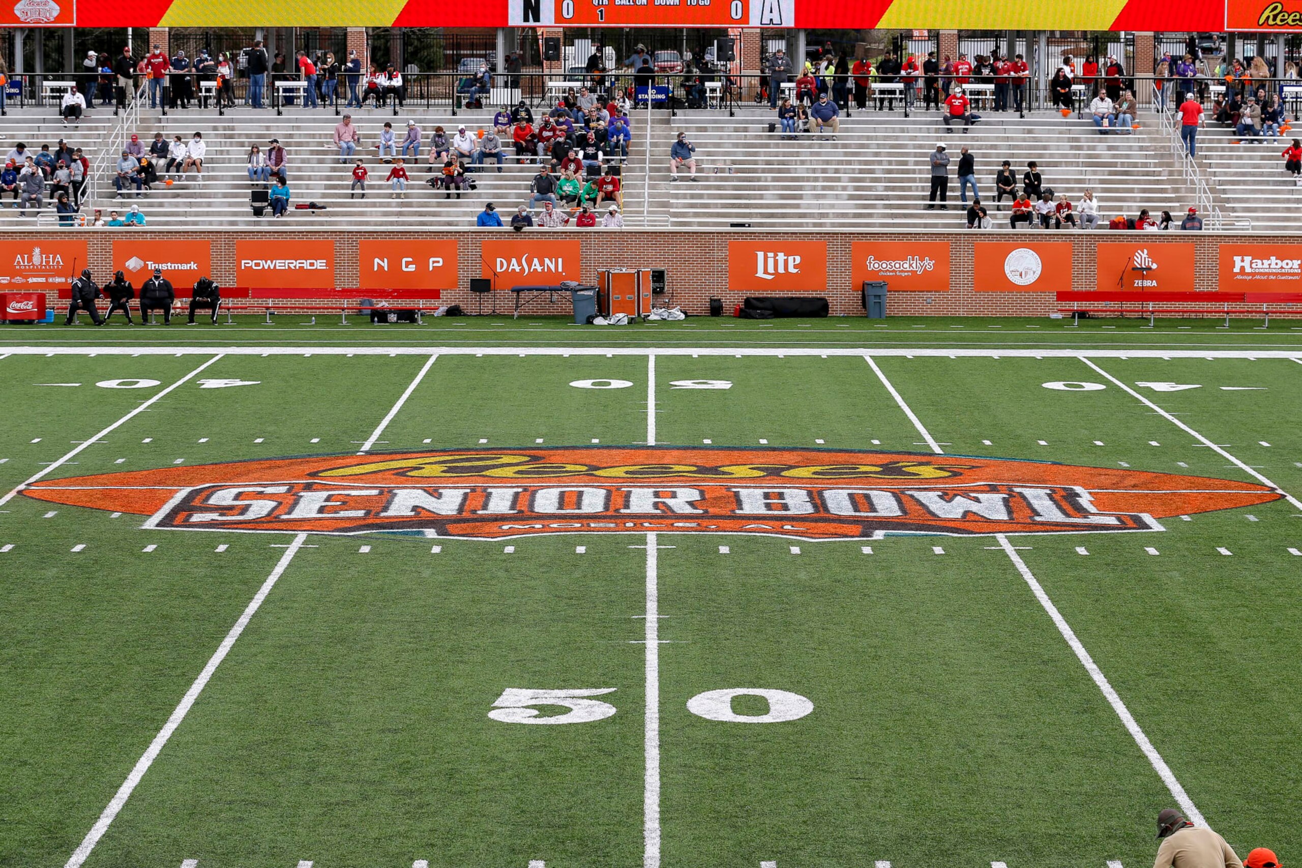 MOBILE, AL - JANUARY 30: A general view of the Reese's Senior Bowl Logo at mid-field in Hancock Whitney Stadium during the 2021 Resse's Senior Bowl on the campus of the University of South Alabama on January 30, 2021 in Mobile, Alabama. The National Team defeated the American Team 27-24. (Photo by Don Juan Moore/Getty Images)