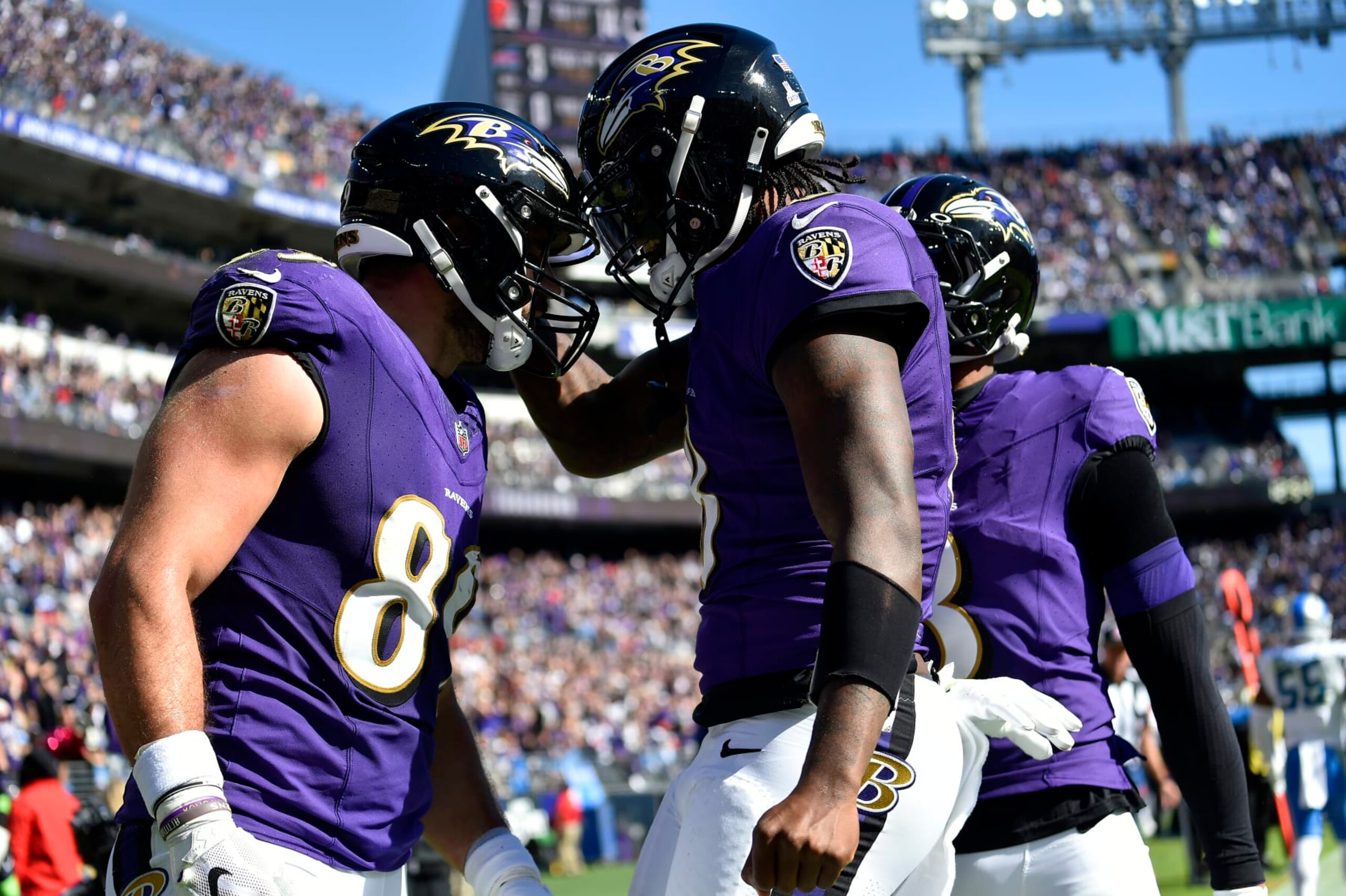 BALTIMORE, MD - OCTOBER 22: Ravens tight end Mark Andrews (89) celebrates with quarterback Lamar Jackson (8) after his second quarter touchdown during the Detroit Lions versus Baltimore Ravens NFL game at M&T Bank Stadium on October 22, 2023 in Baltimore, MD. (Photo by Randy Litzinger/Icon Sportswire via Getty Images)