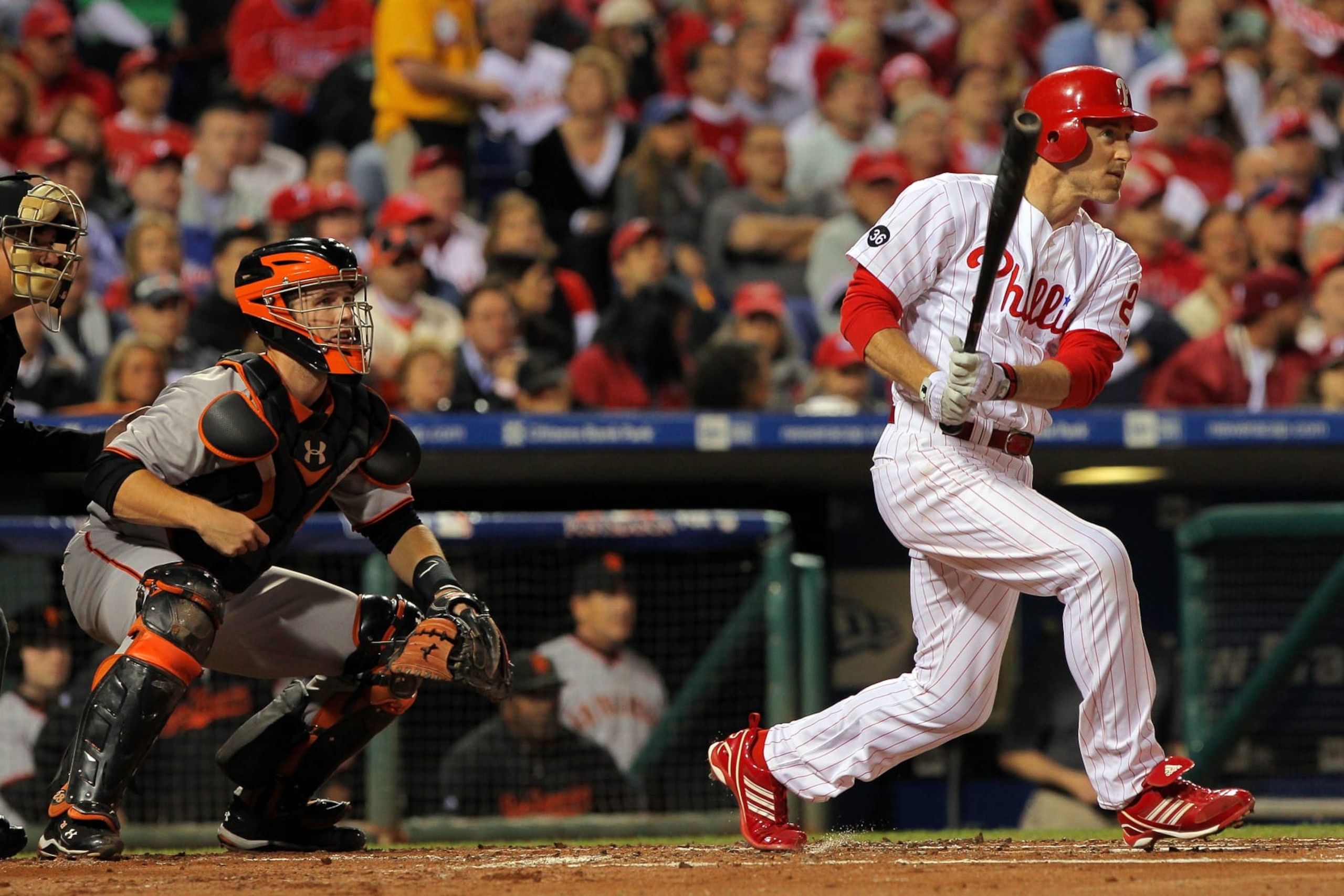 PHILADELPHIA - OCTOBER 23:  Chase Utley #26 of the Philadelphia Phillies hits an RBI double in the first inning against the San Francisco Giants in Game Six of the NLCS during the 2010 MLB Playoffs at Citizens Bank Park on October 23, 2010 in Philadelphia, Pennsylvania.  (Photo by Doug Pensinger/Getty Images)