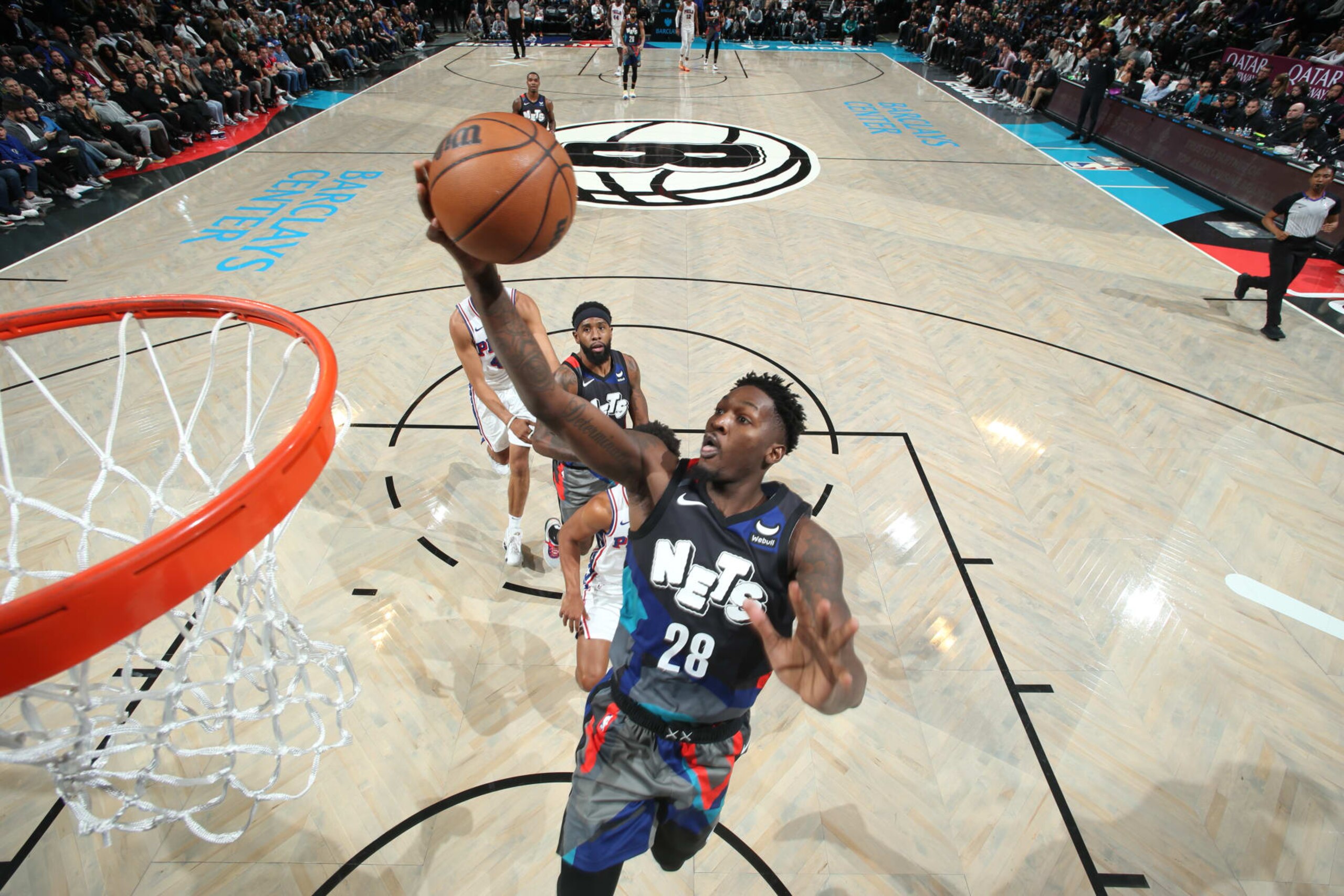 BROOKLYN, NY - NOVEMBER 19: Dorian Finney-Smith #28 of the Brooklyn Nets drives to the basket during the game against the Philadelphia 76ers on November 19, 2023 at Barclays Center in Brooklyn, New York. NOTE TO USER: User expressly acknowledges and agrees that, by downloading and or using this Photograph, user is consenting to the terms and conditions of the Getty Images License Agreement. Mandatory Copyright Notice: Copyright 2023 NBAE (Photo by Nathaniel S. Butler/NBAE via Getty Images) BROOKLYN, NY - NOVEMBER 19: Dorian Finney-Smith #28 of the Brooklyn Nets drives to the basket during the game against the Philadelphia 76ers on November 19, 2023 at Barclays Center in Brooklyn, New York. NOTE TO USER: User expressly acknowledges and agrees that, by downloading and or using this Photograph, user is consenting to the terms and conditions of the Getty Images License Agreement. Mandatory Copyright Notice: Copyright 2023 NBAE (Photo by Nathaniel S. Butler/NBAE via Getty Images)
