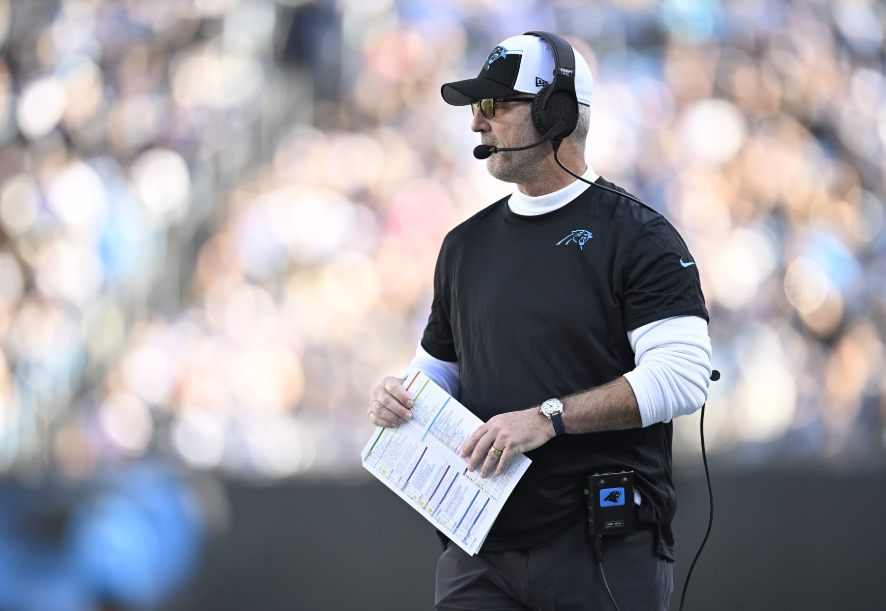 CHARLOTTE, NORTH CAROLINA - NOVEMBER 19: Head coach Frank Reich of the Carolina Panthers looks on during the second quarter in the game against the Dallas Cowboys at Bank of America Stadium on November 19, 2023 in Charlotte, North Carolina. (Photo by Eakin Howard/Getty Images)