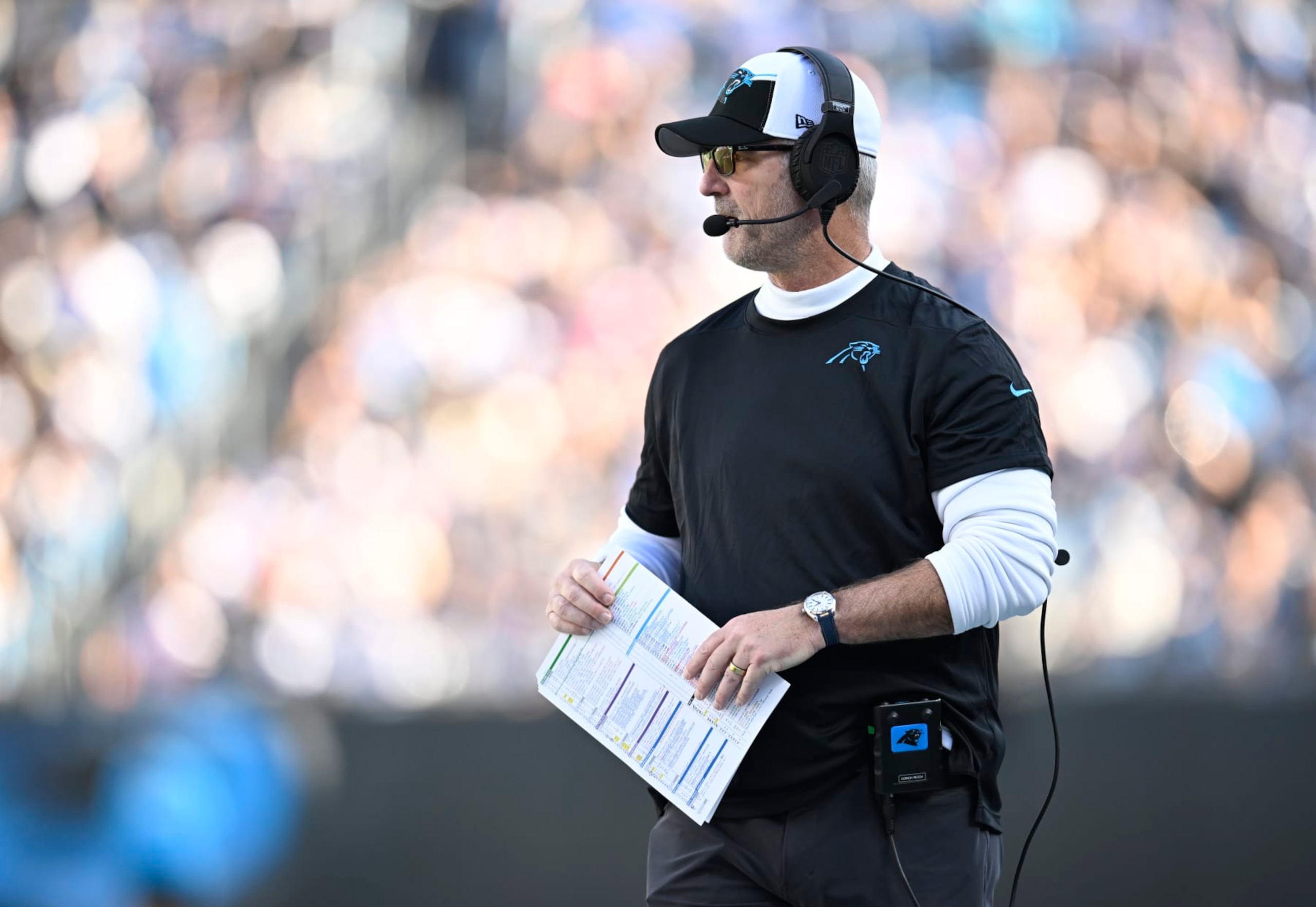 CHARLOTTE, NORTH CAROLINA - NOVEMBER 19: Head coach Frank Reich of the Carolina Panthers looks on during the second quarter in the game against the Dallas Cowboys at Bank of America Stadium on November 19, 2023 in Charlotte, North Carolina. (Photo by Eakin Howard/Getty Images) CHARLOTTE, NORTH CAROLINA - NOVEMBER 19: Head coach Frank Reich of the Carolina Panthers looks on during the second quarter in the game against the Dallas Cowboys at Bank of America Stadium on November 19, 2023 in Charlotte, North Carolina. (Photo by Eakin Howard/Getty Images)