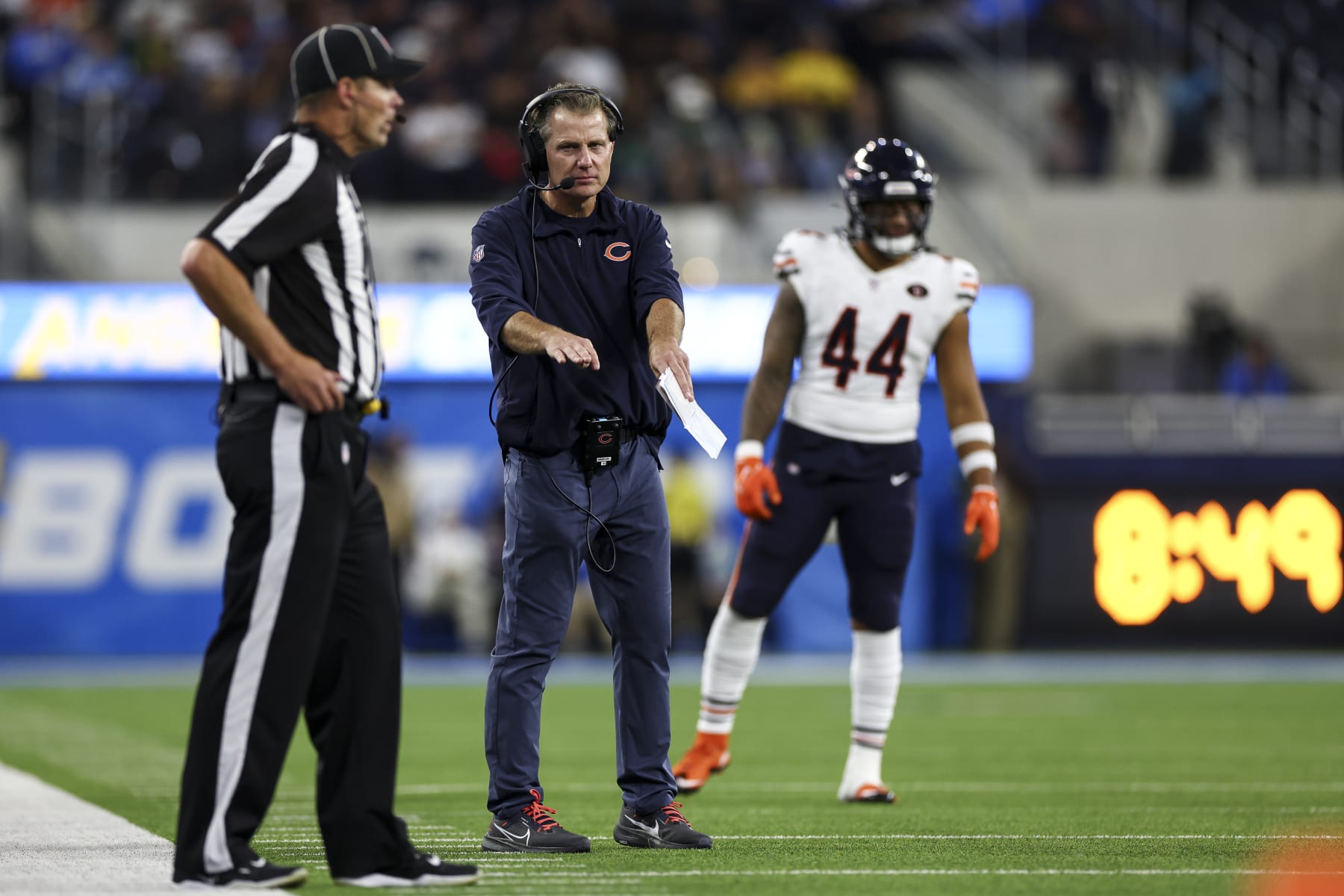 INGLEWOOD, CA - OCTOBER 29: Head coach Matt Eberflus of the Chicago Bears signals to an official during an NFL football game against the Los Angeles Chargers at SoFi Stadium on October 29, 2023 in Inglewood, California. (Photo by Kevin Sabitus/Getty Images)