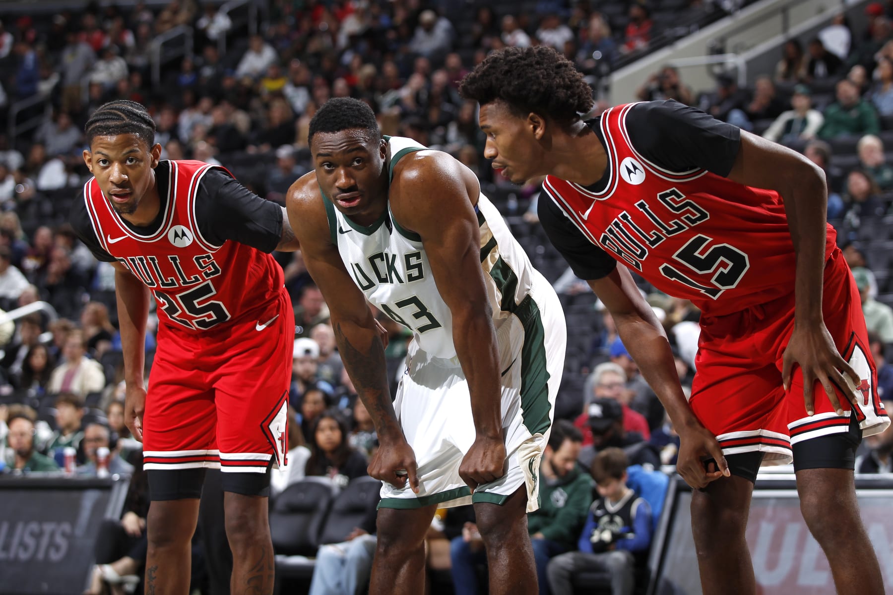 MILWAUKEE, WI - OCTOBER 8: Julian Phillips #15 and Dalen Terry #25 of the Chicago Bulls, and Thanasis Antetokounmpo #43 of the Milwaukee Bucks looks on during the game on October 8, 2023 at the Fiserv Forum Center in Milwaukee, Wisconsin. NOTE TO USER: User expressly acknowledges and agrees that, by downloading and or using this Photograph, user is consenting to the terms and conditions of the Getty Images License Agreement. Mandatory Copyright Notice: Copyright 2023 NBAE (Photo by Kena Krutsinger /NBAE via Getty Images).