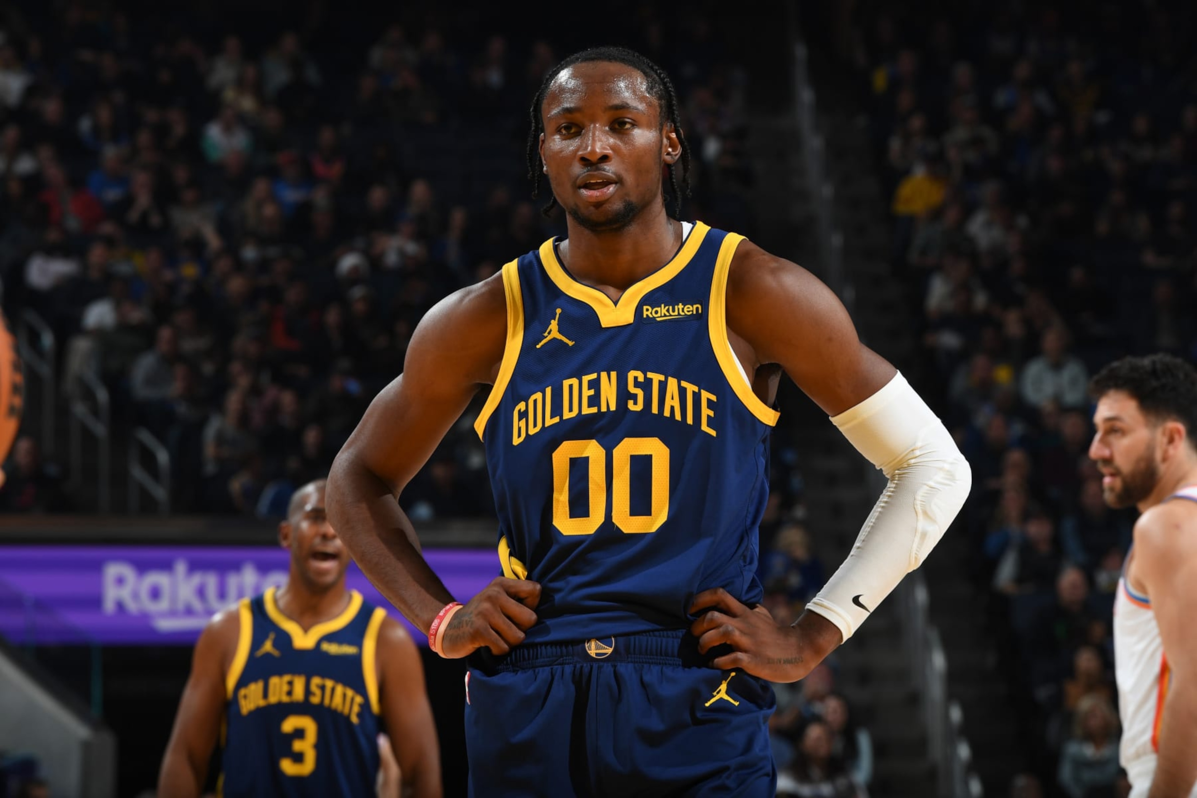 SAN FRANCISCO, CA - NOVEMBER 16: Jonathan Kuminga #00 of the Golden State Warriors looks on during the game against the Oklahoma City Thunder on November 16, 2023 at Chase Center in San Francisco, California. NOTE TO USER: User expressly acknowledges and agrees that, by downloading and or using this photograph, user is consenting to the terms and conditions of Getty Images License Agreement. Mandatory Copyright Notice: Copyright 2023 NBAE (Photo by Noah Graham/NBAE via Getty Images) SAN FRANCISCO, CA - NOVEMBER 16: Jonathan Kuminga #00 of the Golden State Warriors looks on during the game against the Oklahoma City Thunder on November 16, 2023 at Chase Center in San Francisco, California. NOTE TO USER: User expressly acknowledges and agrees that, by downloading and or using this photograph, user is consenting to the terms and conditions of Getty Images License Agreement. Mandatory Copyright Notice: Copyright 2023 NBAE (Photo by Noah Graham/NBAE via Getty Images)