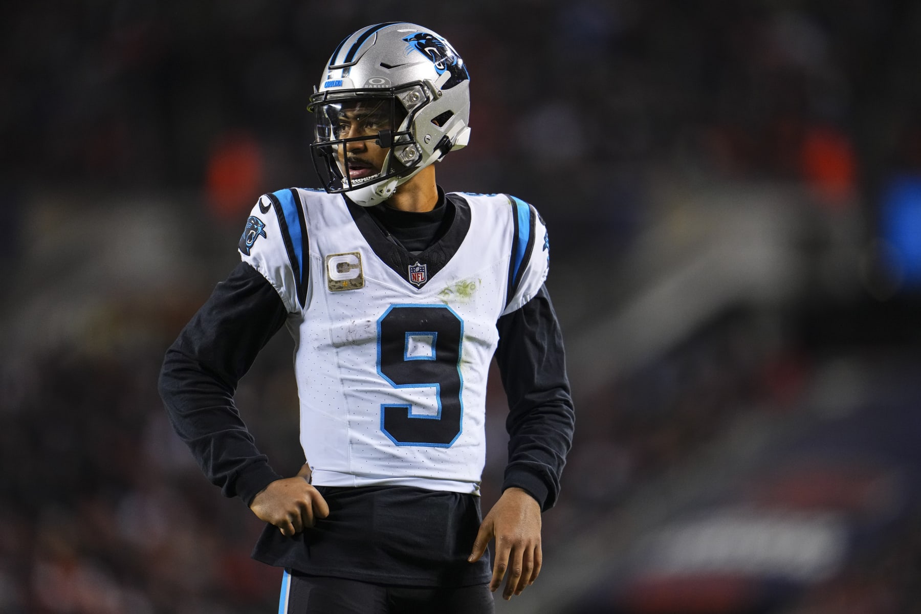 CHICAGO, IL - NOVEMBER 09: Bryce Young #9 of the Carolina Panthers looks on from the field during an NFL football game against the Chicago Bears at Soldier Field on November 9, 2023 in Chicago, Illinois. (Photo by Cooper Neill/Getty Images)