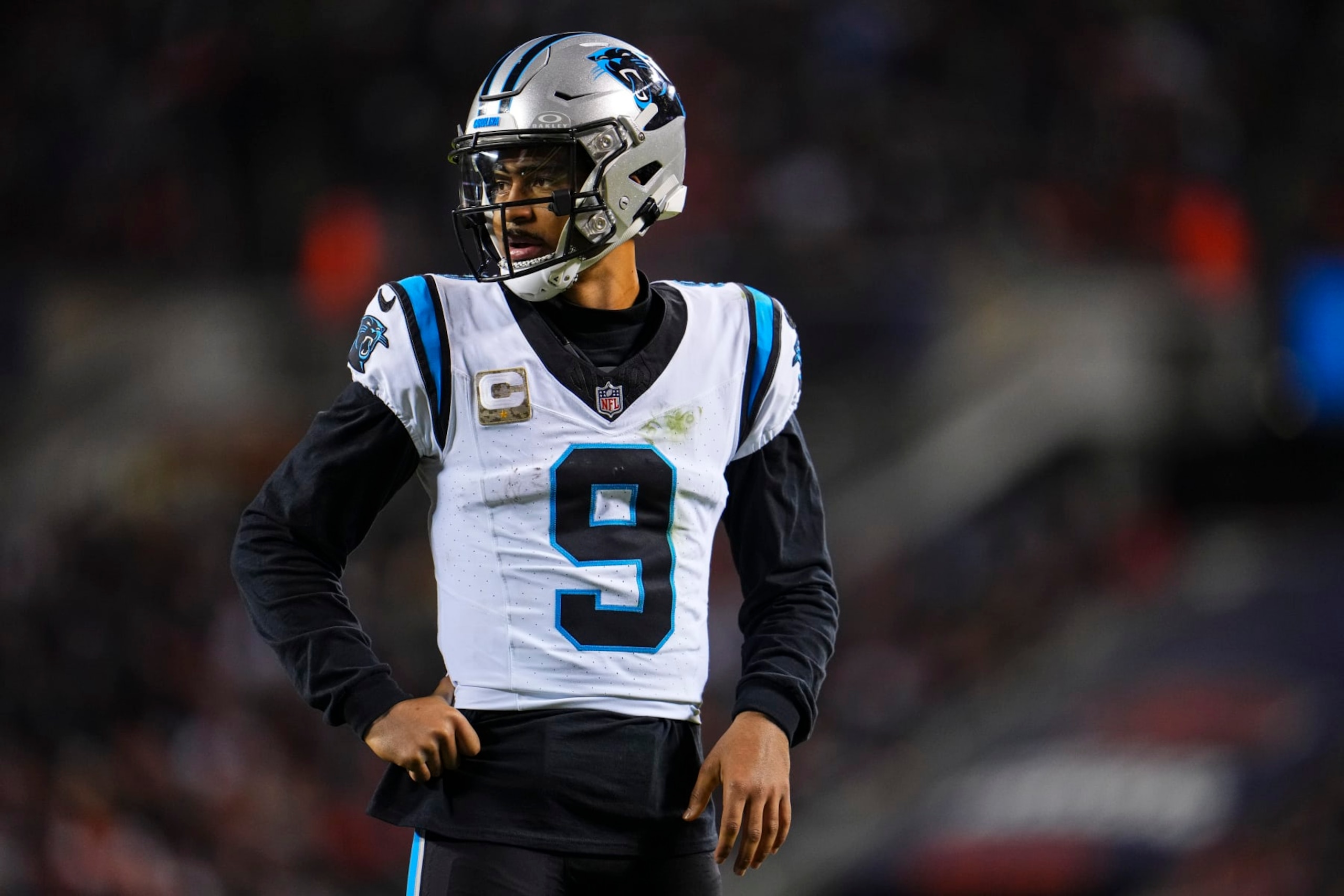 CHICAGO, IL - NOVEMBER 09: Bryce Young #9 of the Carolina Panthers looks on from the field during an NFL football game against the Chicago Bears at Soldier Field on November 9, 2023 in Chicago, Illinois. (Photo by Cooper Neill/Getty Images)
