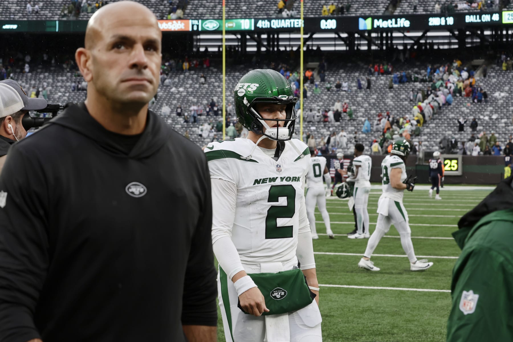 EAST RUTHERFORD, NEW JERSEY - SEPTEMBER 24: (NEW YORK DAILIES OUT)  Zach Wilson #2 head coach Robert Saleh of the New York Jets looks walk off the field after a game against the New England Patriots at MetLife Stadium on September 24, 2023 in East Rutherford, New Jersey. The Patriots defeated the Jets 15-10.  (Photo by Jim McIsaac/Getty Images)