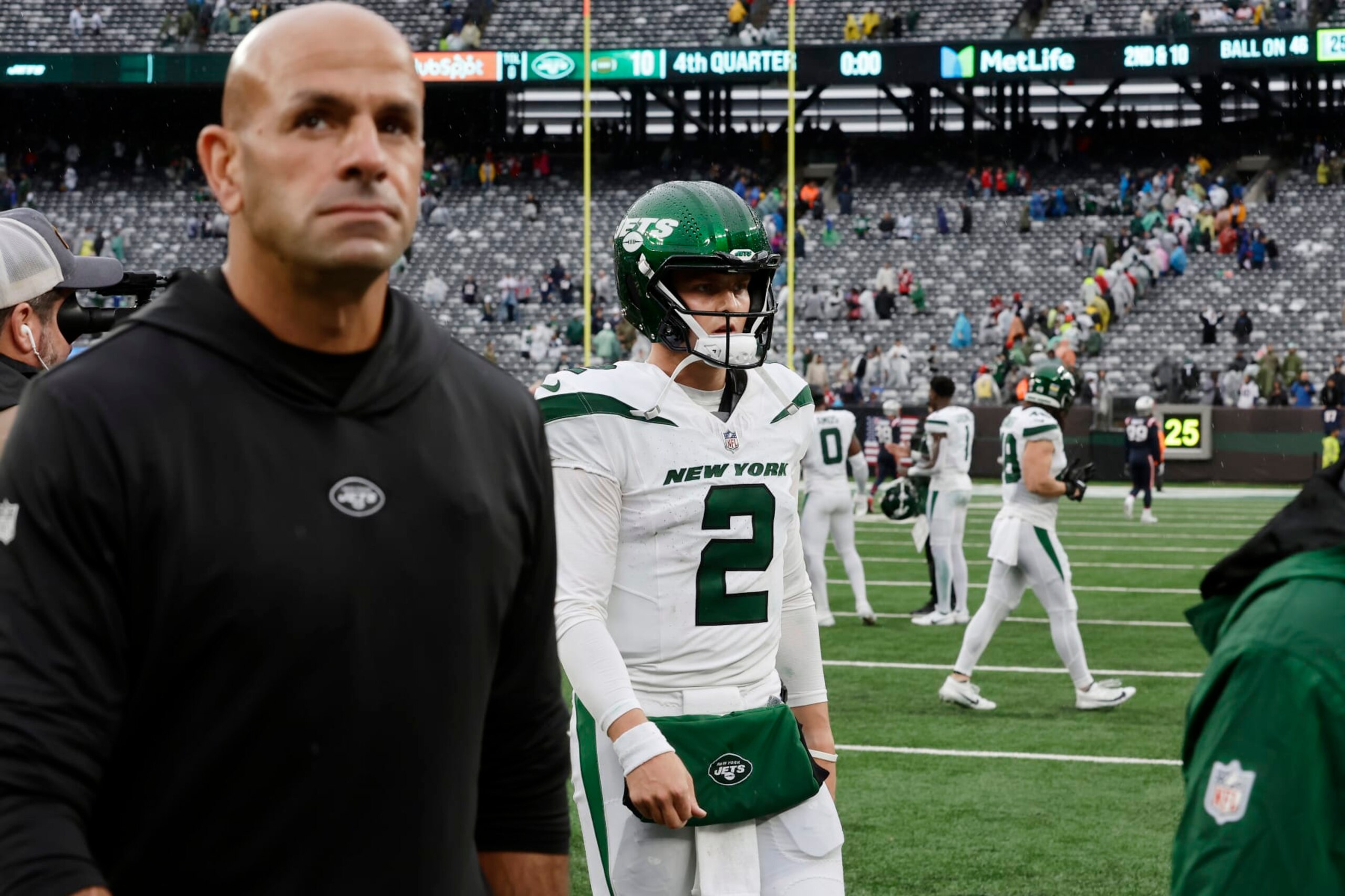 EAST RUTHERFORD, NEW JERSEY - SEPTEMBER 24: (NEW YORK DAILIES OUT)  Zach Wilson #2 head coach Robert Saleh of the New York Jets looks walk off the field after a game against the New England Patriots at MetLife Stadium on September 24, 2023 in East Rutherford, New Jersey. The Patriots defeated the Jets 15-10.  (Photo by Jim McIsaac/Getty Images)