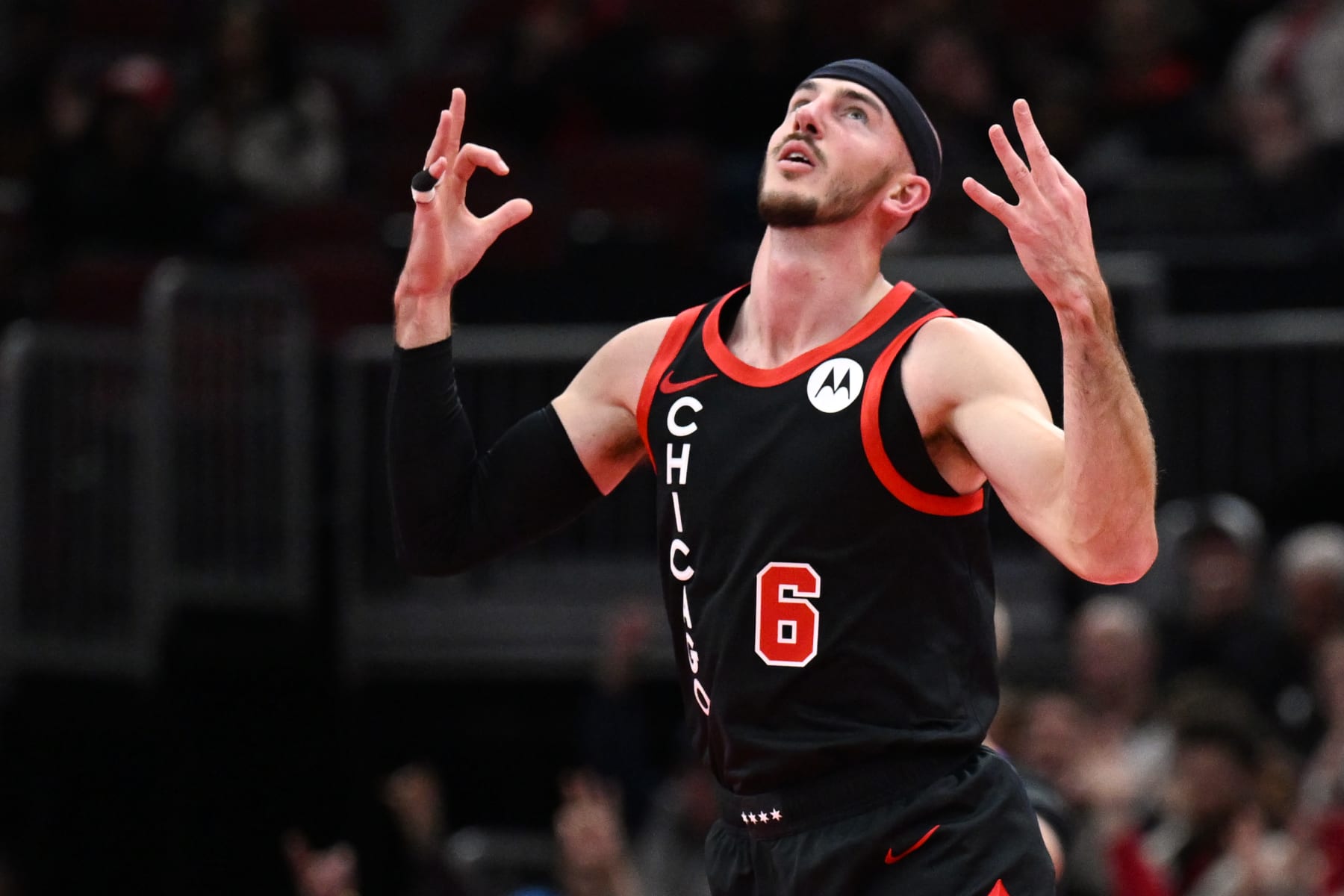 CHICAGO, ILLINOIS - NOVEMBER 17: Alex Caruso #6 of the Chicago Bulls reacts after a three-point basket in the first half of an NBA In-Season Tournament game against the Orlando Magic at the United Center on November 17, 2023 in Chicago, Illinois.  NOTE TO USER: User expressly acknowledges and agrees that, by downloading and or using this photograph, User is consenting to the terms and conditions of the Getty Images License Agreement.  (Photo by Quinn Harris/Getty Images)