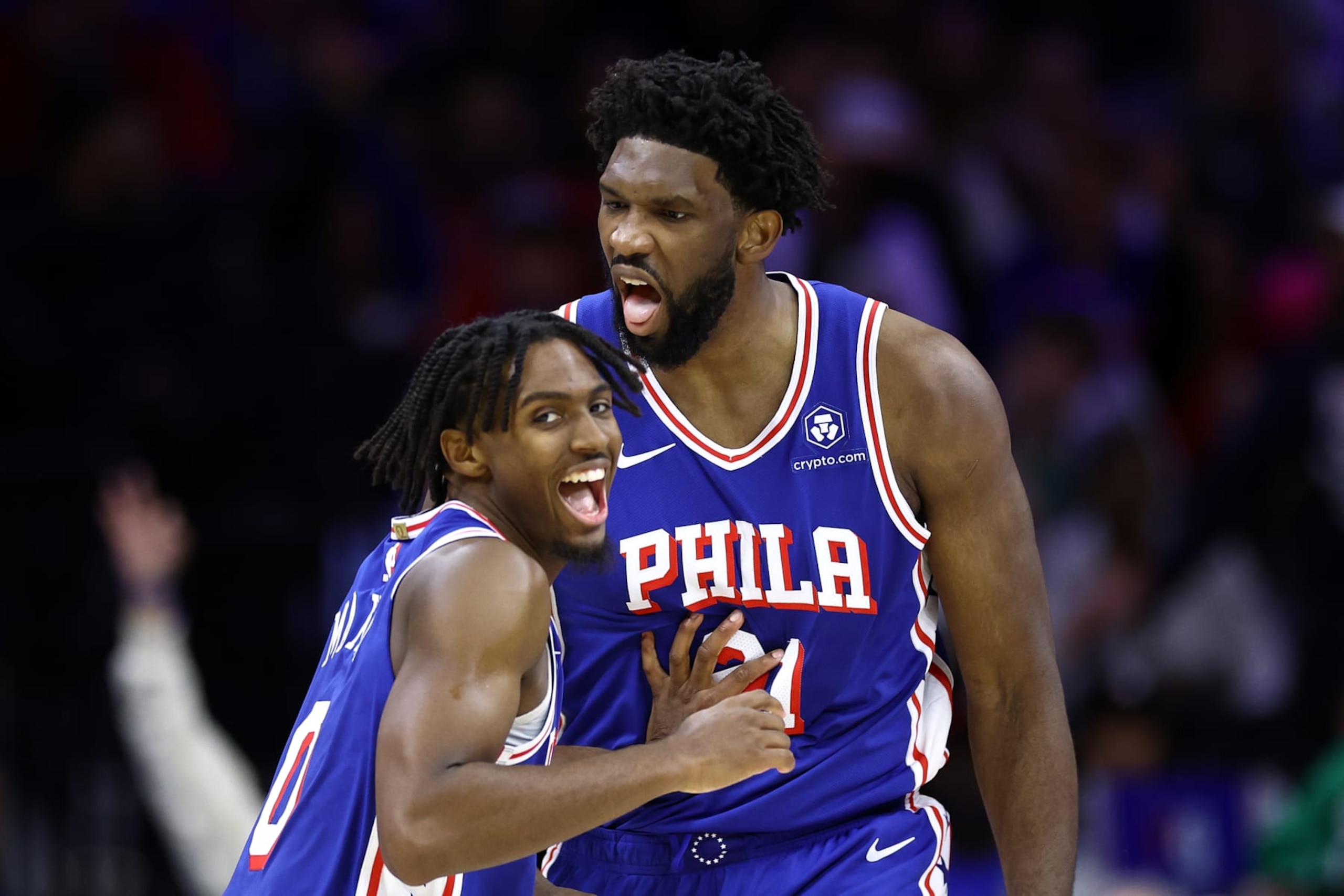 PHILADELPHIA, PENNSYLVANIA - NOVEMBER 08: Joel Embiid #21 and Tyrese Maxey #0 of the Philadelphia 76ers react during the fourth quarter against the Boston Celtics at the Wells Fargo Center on November 08, 2023 in Philadelphia, Pennsylvania. NOTE TO USER: User expressly acknowledges and agrees that, by downloading and or using this photograph, User is consenting to the terms and conditions of the Getty Images License Agreement. (Photo by Tim Nwachukwu/Getty Images) PHILADELPHIA, PENNSYLVANIA - NOVEMBER 08: Joel Embiid #21 and Tyrese Maxey #0 of the Philadelphia 76ers react during the fourth quarter against the Boston Celtics at the Wells Fargo Center on November 08, 2023 in Philadelphia, Pennsylvania. NOTE TO USER: User expressly acknowledges and agrees that, by downloading and or using this photograph, User is consenting to the terms and conditions of the Getty Images License Agreement. (Photo by Tim Nwachukwu/Getty Images)