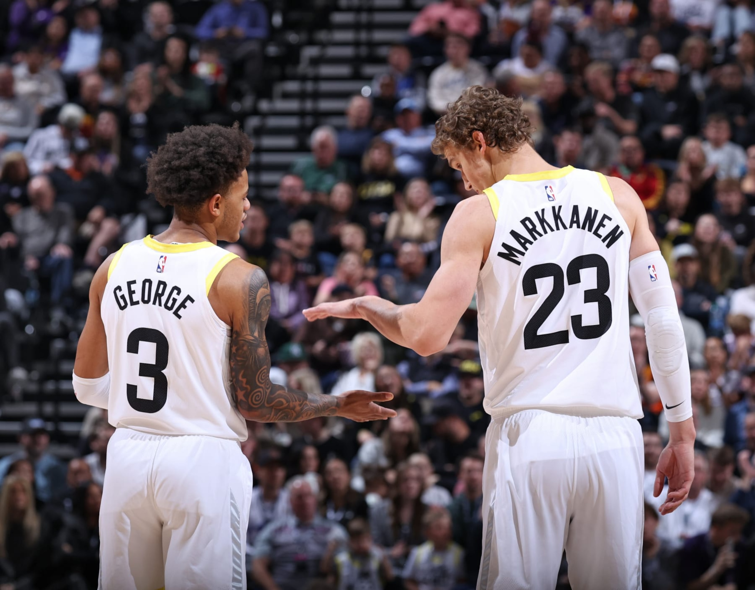 SALT LAKE CITY, UT - NOVEMBER 2: Lauri Markkanen #23 high fives Keyonte George #3 of the Utah Jazz during the game against the Orlando Magic on November 2, 2023 at Delta Center in Salt Lake City, Utah. NOTE TO USER: User expressly acknowledges and agrees that, by downloading and or using this Photograph, User is consenting to the terms and conditions of the Getty Images License Agreement. Mandatory Copyright Notice: Copyright 2023 NBAE (Photo by Melissa Majchrzak/NBAE via Getty Images) SALT LAKE CITY, UT - NOVEMBER 2: Lauri Markkanen #23 high fives Keyonte George #3 of the Utah Jazz during the game against the Orlando Magic on November 2, 2023 at Delta Center in Salt Lake City, Utah. NOTE TO USER: User expressly acknowledges and agrees that, by downloading and or using this Photograph, User is consenting to the terms and conditions of the Getty Images License Agreement. Mandatory Copyright Notice: Copyright 2023 NBAE (Photo by Melissa Majchrzak/NBAE via Getty Images)