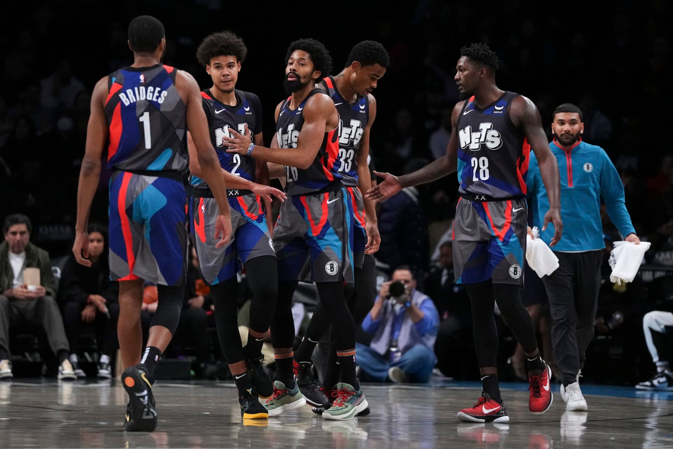 NEW YORK, NEW YORK - NOVEMBER 12: Mikal Bridges #1, Cameron Johnson #2, Spencer Dinwiddie #26, Nic Claxton #33, and Dorian Finney-Smith #28 of the Brooklyn Nets react against the Washington Wizards at Barclays Center on November 12, 2023 in the Brooklyn borough of New York City. The Nets defeated the Wizards 102-94. NOTE TO USER: User expressly acknowledges and agrees that, by downloading and or using this photograph, User is consenting to the terms and conditions of the Getty Images License Agreement. (Photo by Mitchell Leff/Getty Images) NEW YORK, NEW YORK - NOVEMBER 12: Mikal Bridges #1, Cameron Johnson #2, Spencer Dinwiddie #26, Nic Claxton #33, and Dorian Finney-Smith #28 of the Brooklyn Nets react against the Washington Wizards at Barclays Center on November 12, 2023 in the Brooklyn borough of New York City. The Nets defeated the Wizards 102-94. NOTE TO USER: User expressly acknowledges and agrees that, by downloading and or using this photograph, User is consenting to the terms and conditions of the Getty Images License Agreement. (Photo by Mitchell Leff/Getty Images)