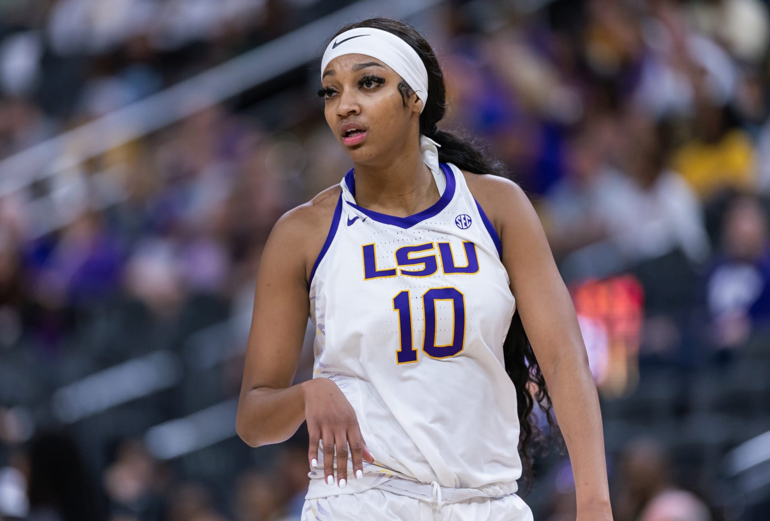 LAS VEGAS, NEVADA - NOVEMBER 6:  Angel Reese #10 of the LSU Lady Tigers is seen during the game against the Colorado Buffaloes in the Naismith Hall of Fame Series at T-Mobile Arena on November 6, 2023 in Las Vegas, Nevada. (Photo by Michael Hickey/Getty Images)