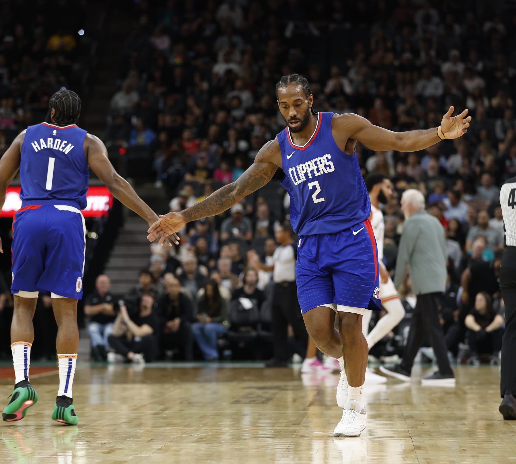 SAN ANTONIO, TX - NOVEMBER 20:   Kawhi Leonard #2 of the Los Angeles Clippers is congratulated by James Harden #1 after hitting a basket against the San Antonio Spurs in the first half at Frost Bank Center on November  20, 2023 in San Antonio, Texas. NOTE TO USER: User expressly acknowledges and agrees that, by downloading and or using this photograph, User is consenting to terms and conditions of the Getty Images License Agreement. (Photo by Ronald Cortes/Getty Images)