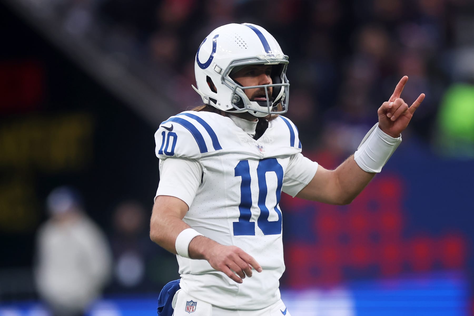 FRANKFURT AM MAIN, GERMANY - NOVEMBER 12: Gardner Minshew #10 of the Indianapolis Colts gives the team instructions d1qduring the NFL match between the Indianapolis Colts and the New England Patriots at Deutsche Bank Park on November 12, 2023 in Frankfurt am Main, Germany. (Photo by Alex Grimm/Getty Images)