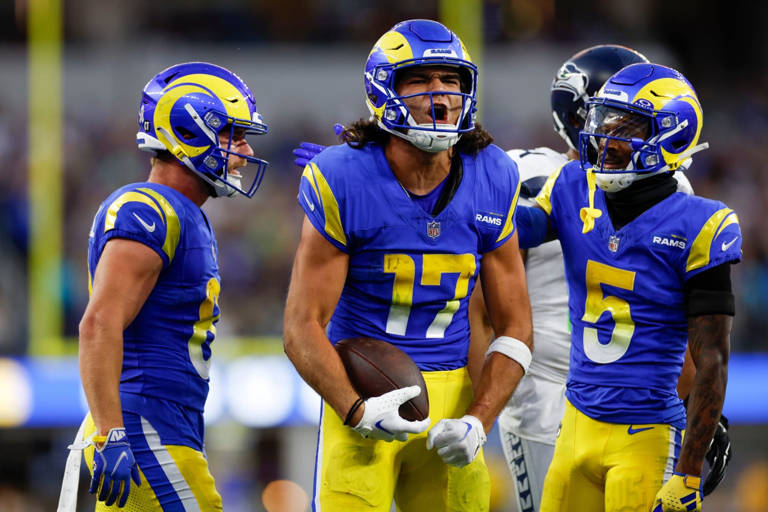 INGLEWOOD, CA - NOVEMBER 19: Los Angeles Rams wide receiver Puka Nacua (17) reacts after a pass completion in the fourth quarter during an NFL regular season game between the Seattle Seahawks and the Los Angeles Rams on November 19, 2023, at SoFi Stadium in Inglewood, CA. (Photo by Brandon Sloter/Icon Sportswire via Getty Images)
