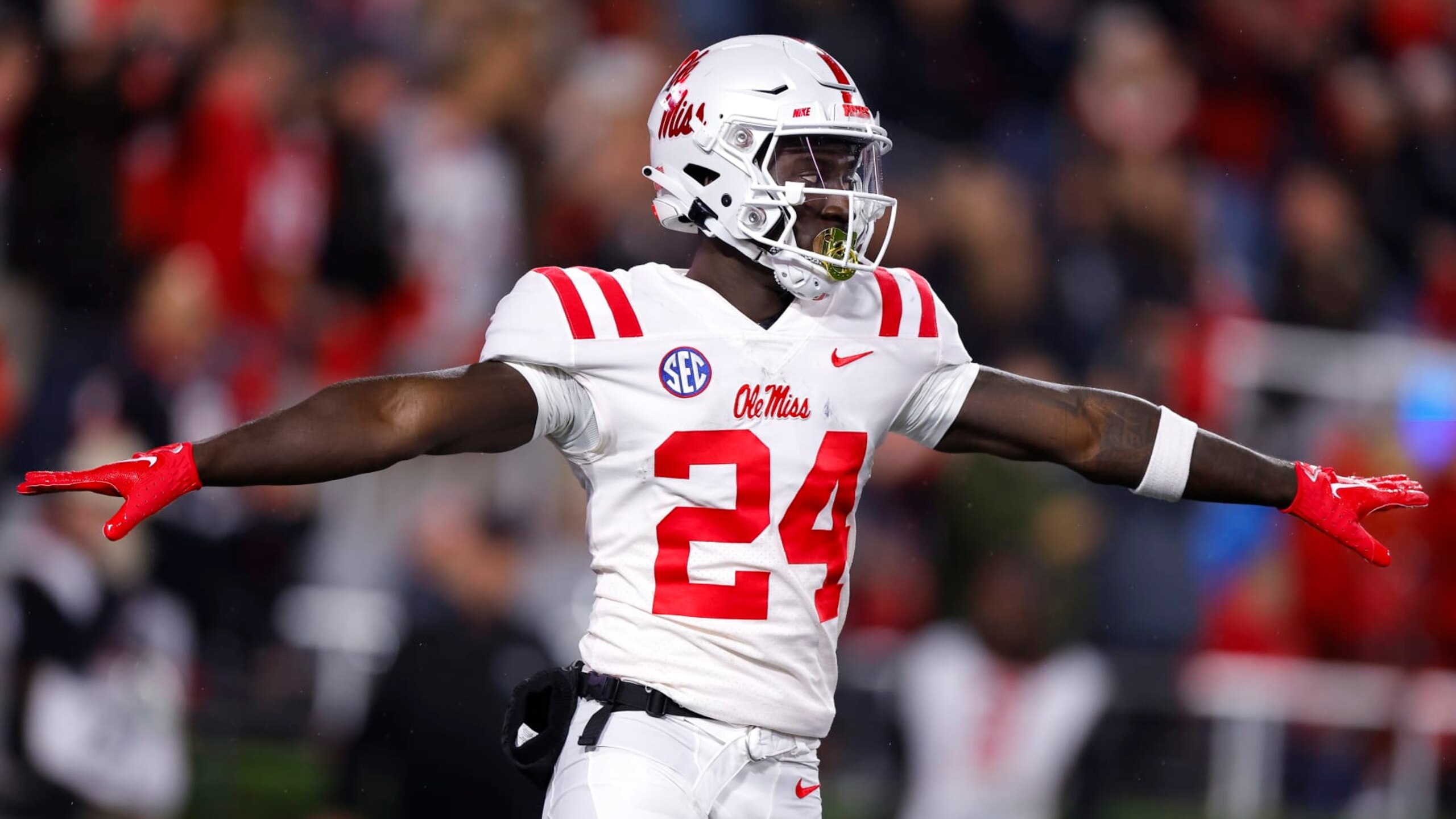 ATHENS, GEORGIA - NOVEMBER 11: Ulysses Bentley IV #24 of the Mississippi Rebels reacts during the first quarter against the Georgia Bulldogs at Sanford Stadium on November 11, 2023 in Athens, Georgia. (Photo by Todd Kirkland/Getty Images)