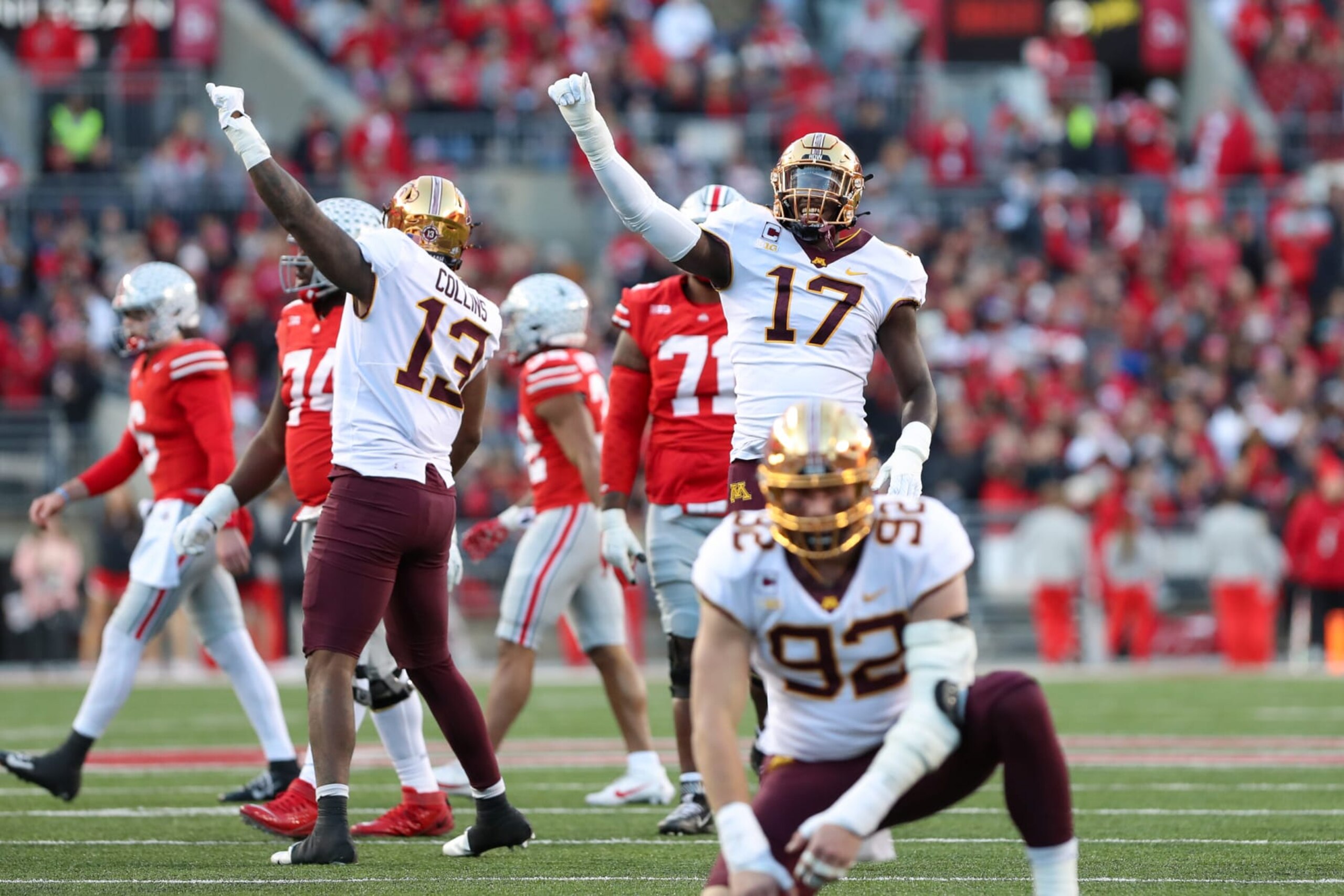 COLUMBUS, OH - NOVEMBER 18: Minnesota Golden Gophers defensive lineman Jah Joyner (17) reacts with his teammates after a defense stop during the game against the Minnesota Golden Gophers and the Ohio State Buckeyes on November 18, 2023, at Ohio Stadium in Columbus, OH. (Photo by Ian Johnson/Icon Sportswire via Getty Images)