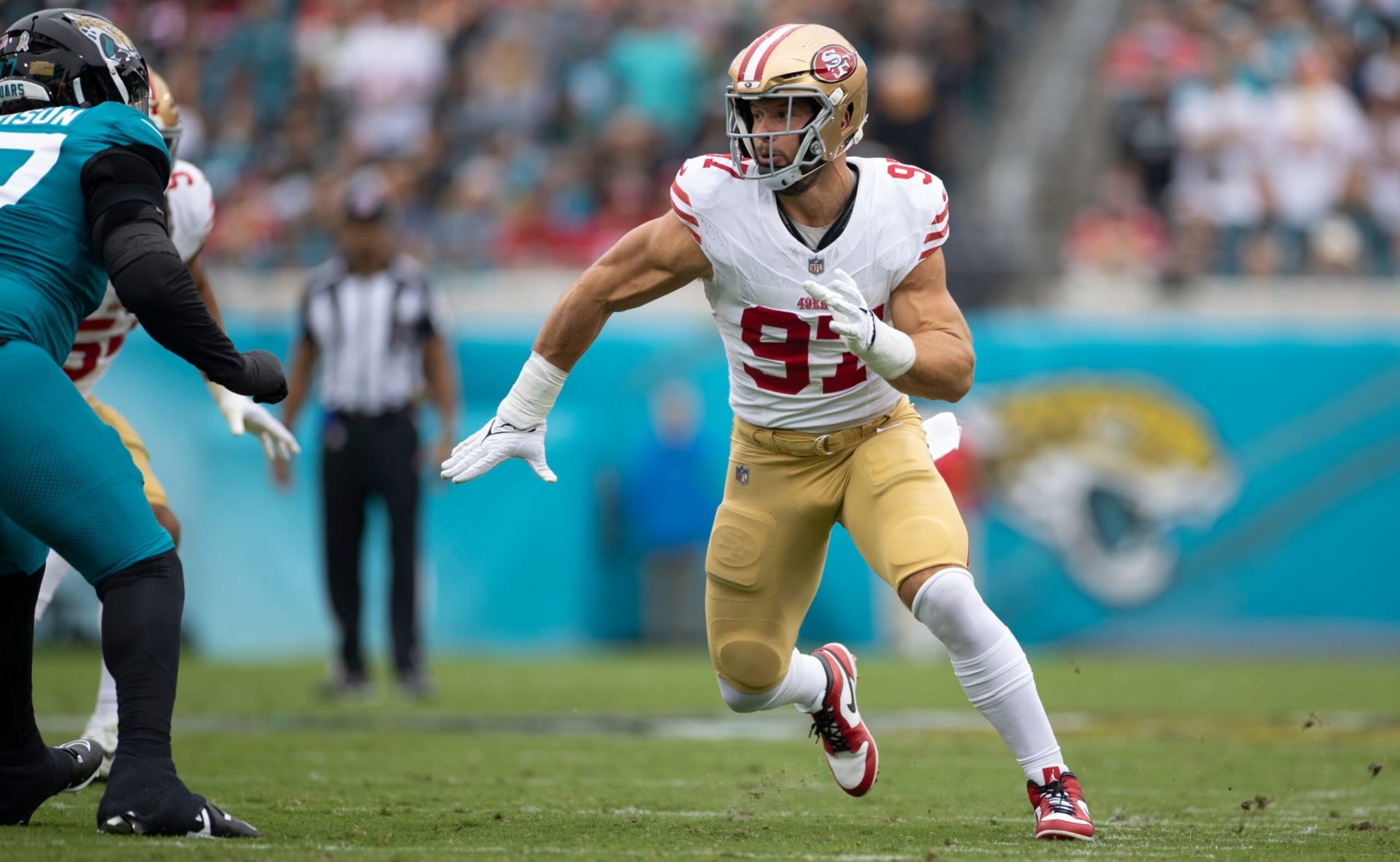 JACKSONVILLE, FL - NOVEMBER 12: Nick Bosa #97 of the San Francisco 49ers rushes the quarterback during the game against the Jacksonville Jaguars at EverBank Stadium on November 12, 2023 in Jacksonville, Florida. The 49ers defeated the Jaguars 34-3. (Photo by Michael Zagaris/San Francisco 49ers/Getty Images)
