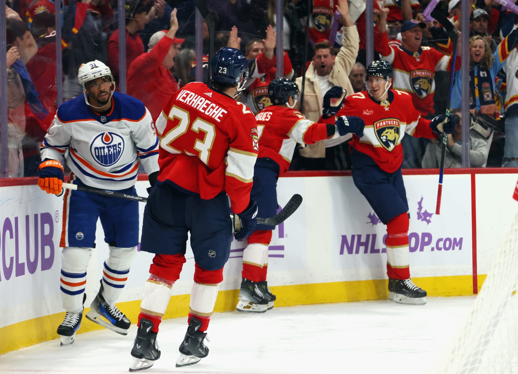 SUNRISE, FLORIDA - NOVEMBER 20: Niko Mikkola #77 of the Florida Panthers (R) scores at 6:08 of the second period against Calvin Pickard #30 of the Edmonton Oilers at Amerant Bank Arena on November 20, 2023 in Sunrise, Florida. (Photo by Bruce Bennett/Getty Images) SUNRISE, FLORIDA - NOVEMBER 20: Niko Mikkola #77 of the Florida Panthers (R) scores at 6:08 of the second period against Calvin Pickard #30 of the Edmonton Oilers at Amerant Bank Arena on November 20, 2023 in Sunrise, Florida. (Photo by Bruce Bennett/Getty Images)