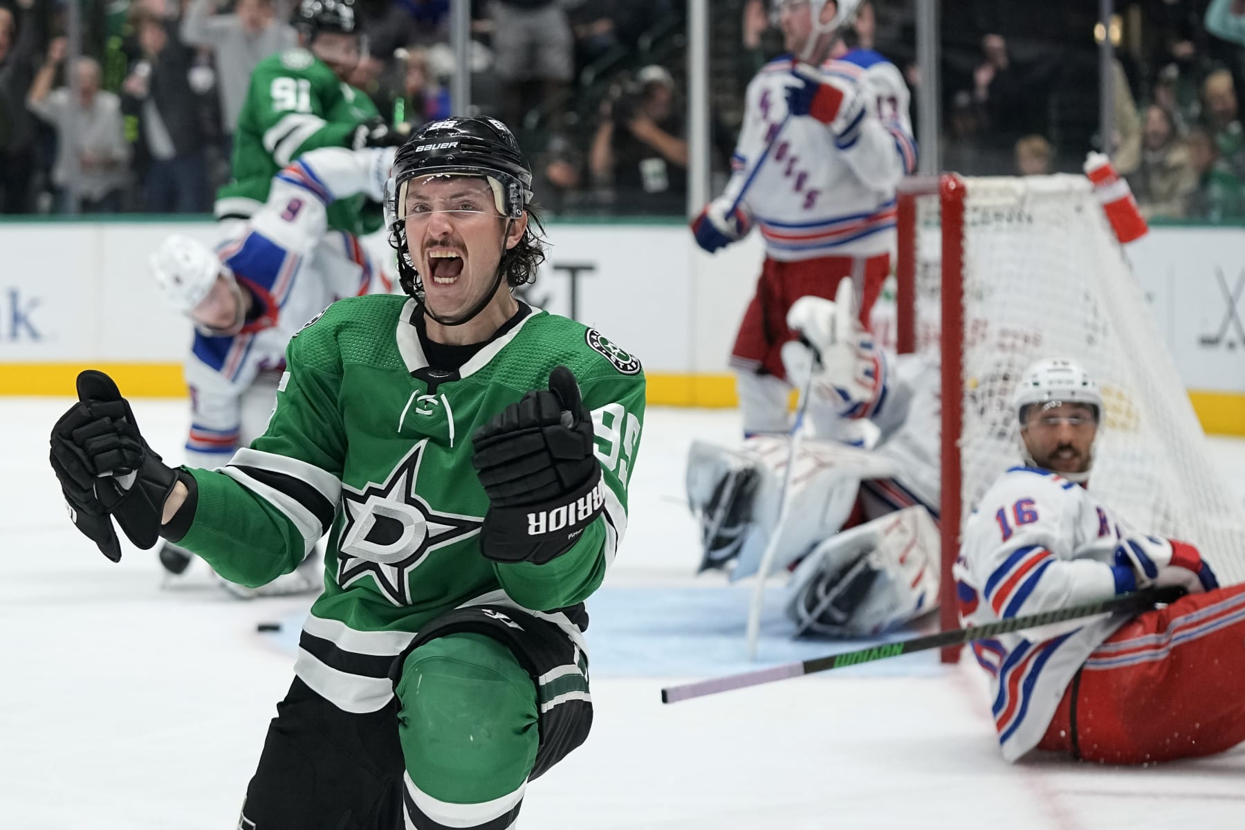 DALLAS, TEXAS - NOVEMBER 20: Matt Duchene #95 of the Dallas Stars celebrates after Tyler Seguin (not pictured) #91 scores a goal during the third period against the New York Rangers at American Airlines Center on November 20, 2023 in Dallas, Texas. (Photo by Sam Hodde/Getty Images) DALLAS, TEXAS - NOVEMBER 20: Matt Duchene #95 of the Dallas Stars celebrates after Tyler Seguin (not pictured) #91 scores a goal during the third period against the New York Rangers at American Airlines Center on November 20, 2023 in Dallas, Texas. (Photo by Sam Hodde/Getty Images)