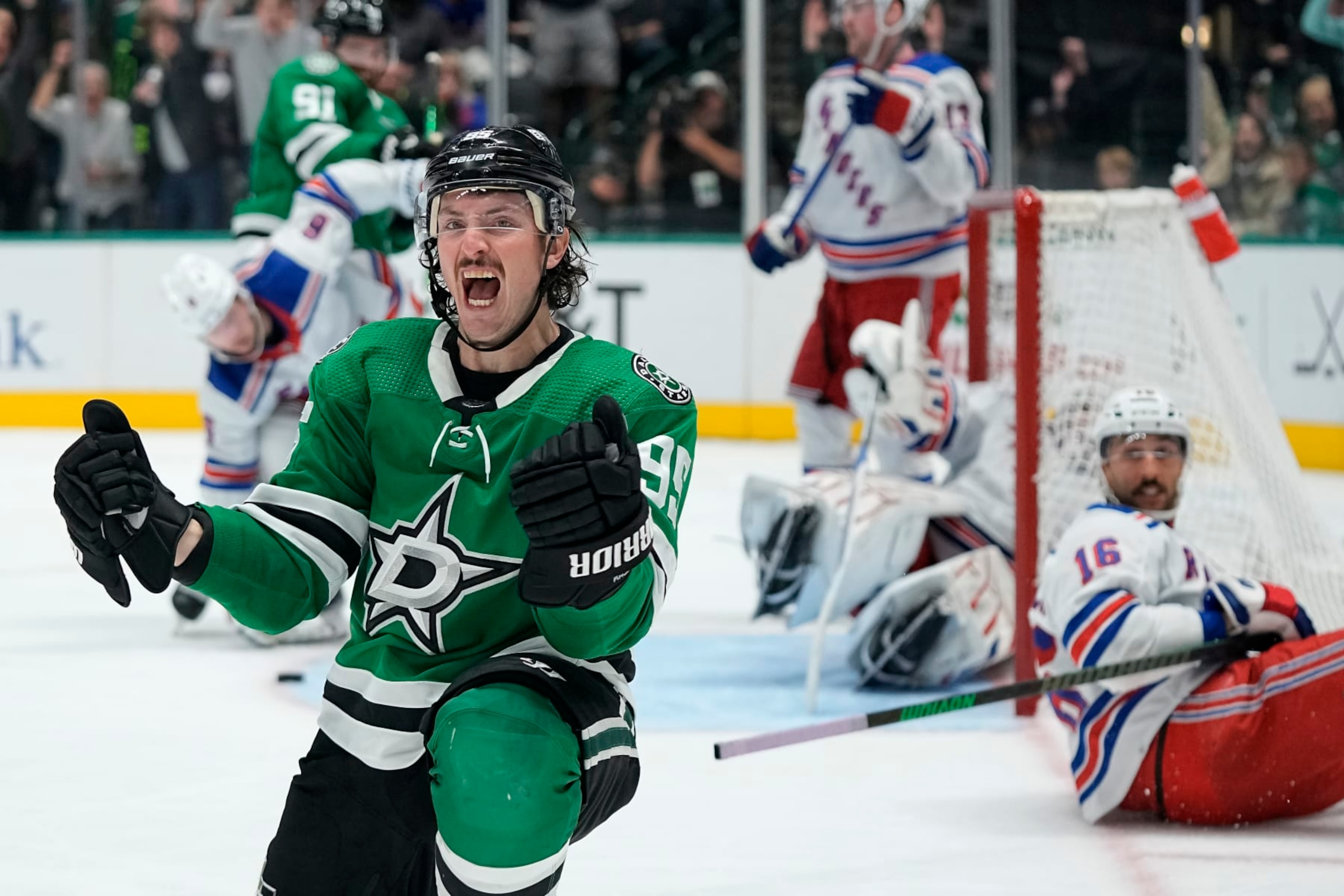 DALLAS, TEXAS - NOVEMBER 20: Matt Duchene #95 of the Dallas Stars celebrates after Tyler Seguin (not pictured) #91 scores a goal during the third period against the New York Rangers at American Airlines Center on November 20, 2023 in Dallas, Texas. (Photo by Sam Hodde/Getty Images)