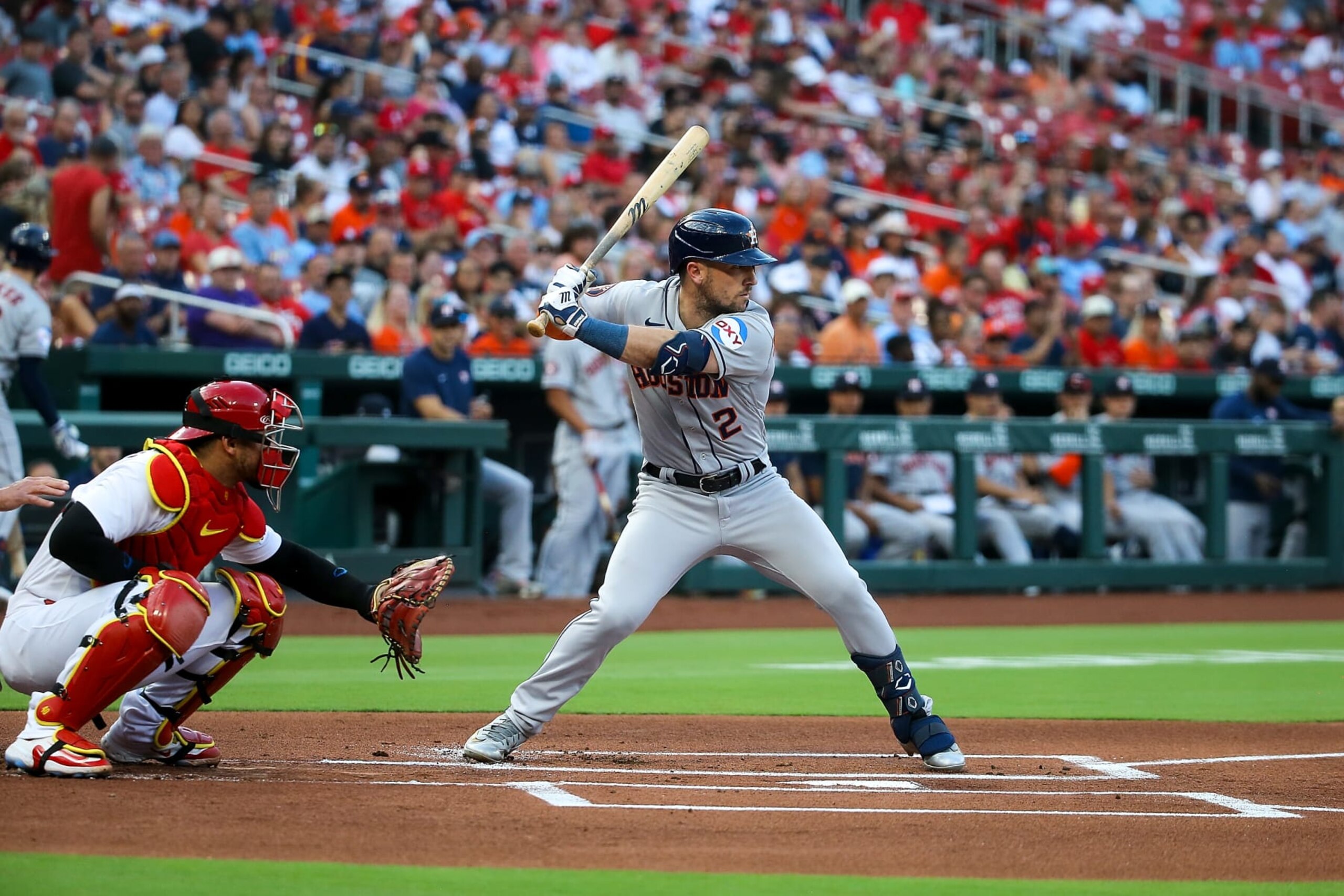 ST. LOUIS, MO - JUNE 28: Alex Bregman #2 of the Houston Astros bats during the first inning against the Houston Astros at Busch Stadium on June 28, 2023 in St. Louis, Missouri. (Photo by Scott Kane/Getty Images)