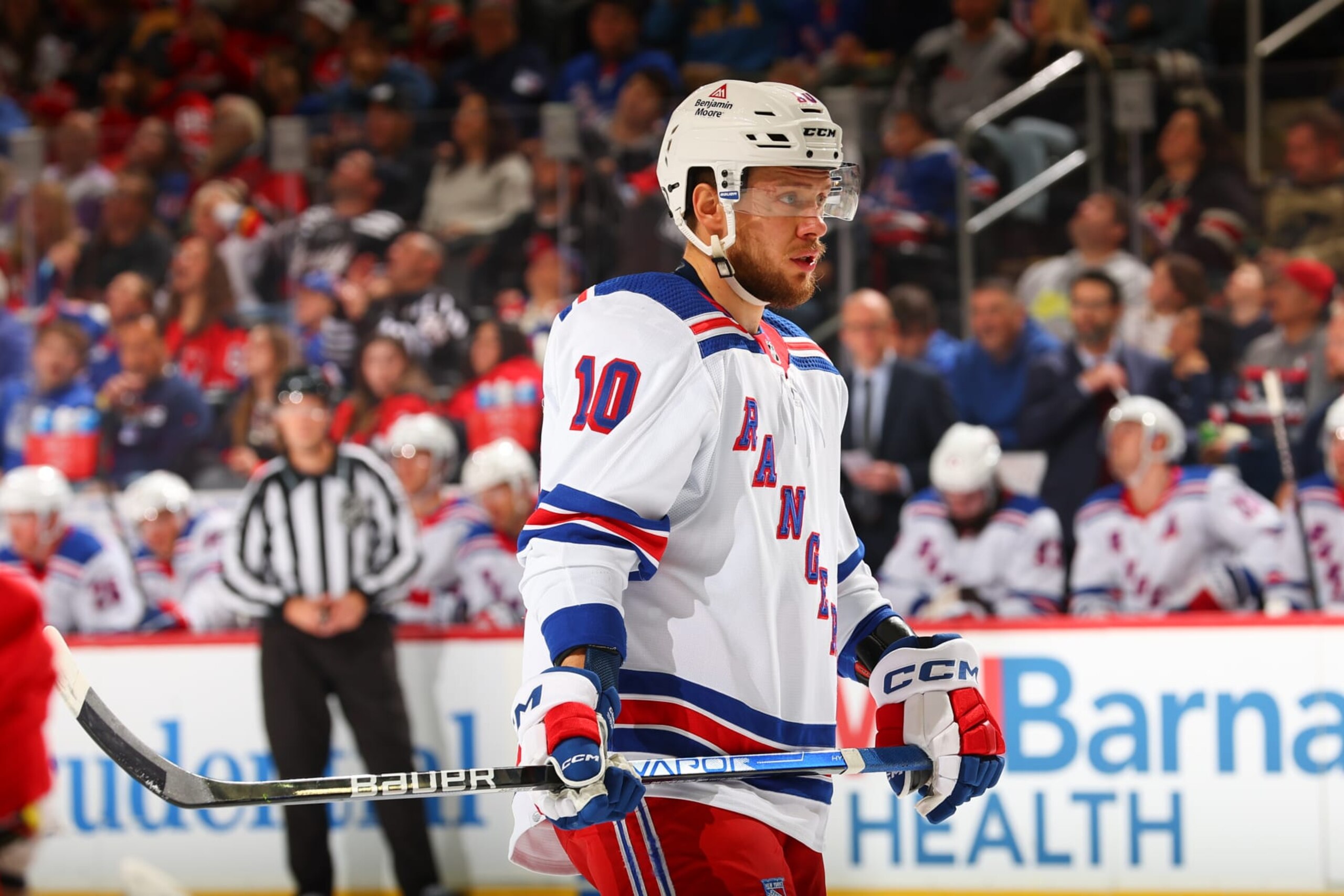 NEWARK, NJ - NOVEMBER 18: Artemi Panarin #10 of the New York Rangers skates during the second period of the game against the New Jersey Devils at the Prudential Center on November 18, 2023 in Newark, New Jersey.  (Photo by Rich Graessle/NHLI via Getty Images)