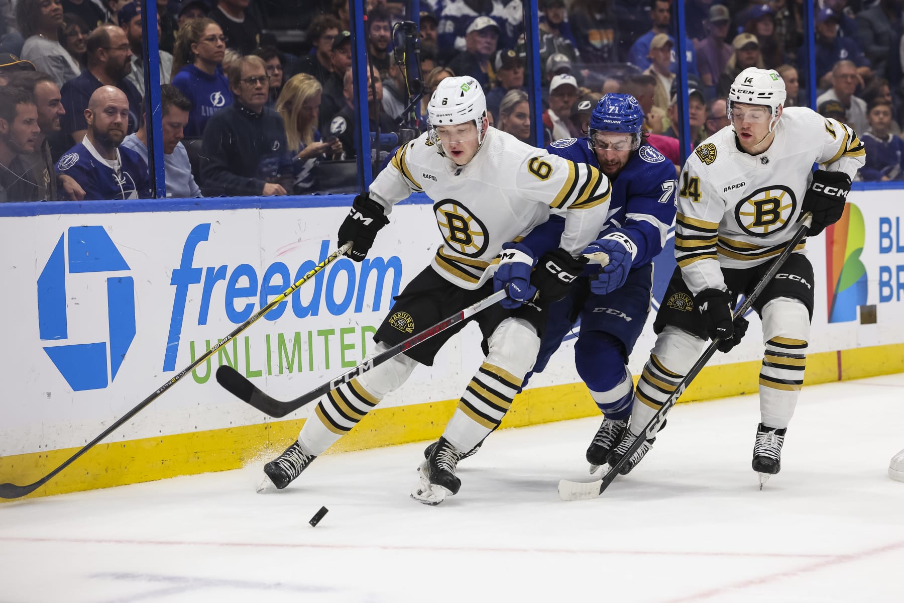 TAMPA, FL - NOVEMBER 20: Anthony Cirelli #71 of the Tampa Bay Lightning against Mason Lohrei #6 and Ian Mitchell #14 of the Boston Bruins during the second period at Amalie Arena on November 20, 2023 in Tampa, Florida. (Photo by Mark LoMoglio/NHLI via Getty Images) TAMPA, FL - NOVEMBER 20: Anthony Cirelli #71 of the Tampa Bay Lightning against Mason Lohrei #6 and Ian Mitchell #14 of the Boston Bruins during the second period at Amalie Arena on November 20, 2023 in Tampa, Florida. (Photo by Mark LoMoglio/NHLI via Getty Images)