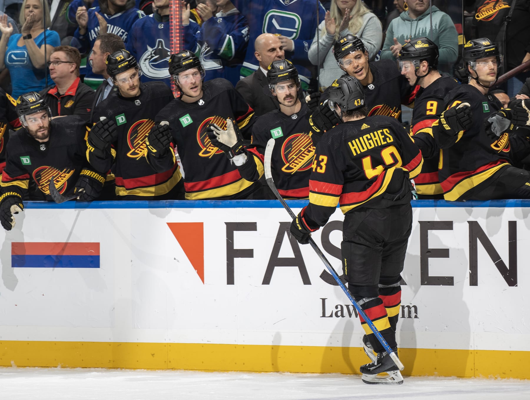 VANCOUVER, CANADA - NOVEMBER 20: Quinn Hughes #43 of the Vancouver Canucks celebrates his goal on Mackenzie Blackwood #29 of the San Jose Sharks during the second period of their NHL game at Rogers Arena on November 20, 2023 in Vancouver, British Columbia, Canada. (Photo by Jeff Vinnick/NHLI via Getty Images) VANCOUVER, CANADA - NOVEMBER 20: Quinn Hughes #43 of the Vancouver Canucks celebrates his goal on Mackenzie Blackwood #29 of the San Jose Sharks during the second period of their NHL game at Rogers Arena on November 20, 2023 in Vancouver, British Columbia, Canada. (Photo by Jeff Vinnick/NHLI via Getty Images)