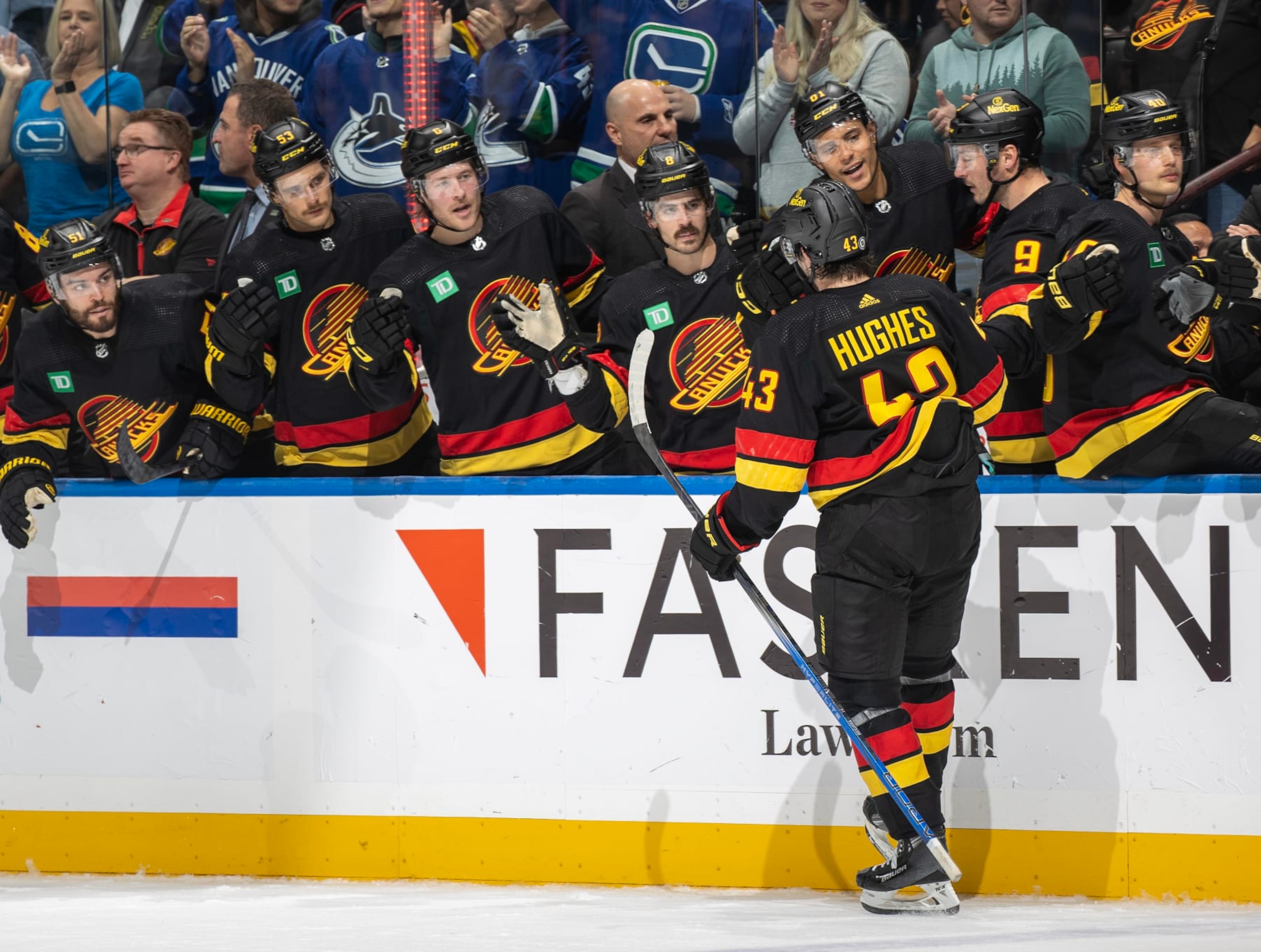VANCOUVER, CANADA - NOVEMBER 20: Quinn Hughes #43 of the Vancouver Canucks celebrates his goal on Mackenzie Blackwood #29 of the San Jose Sharks during the second period of their NHL game at Rogers Arena on November 20, 2023 in Vancouver, British Columbia, Canada.  (Photo by Jeff Vinnick/NHLI via Getty Images)