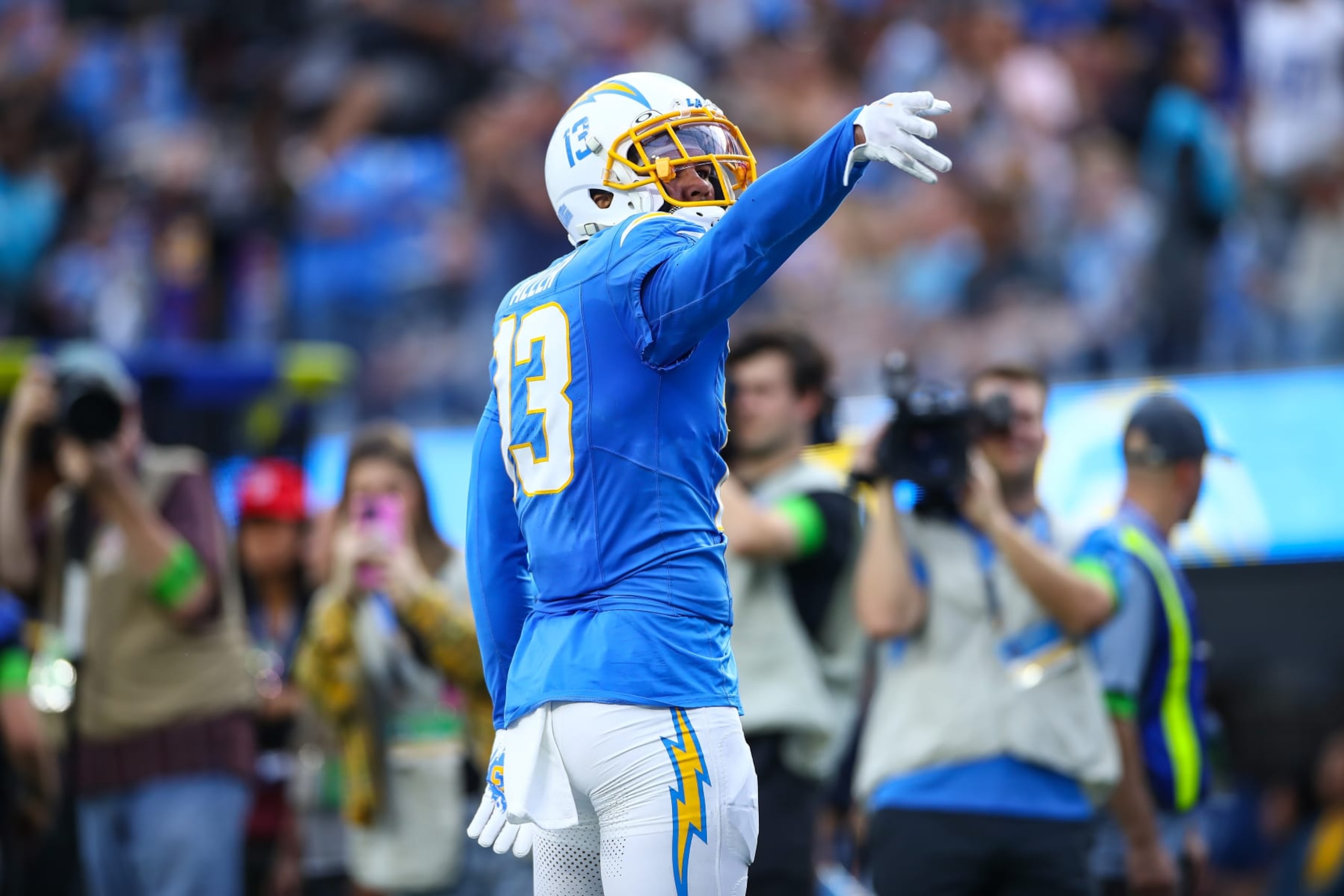 INGLEWOOD, CA - NOVEMBER 12:  Los Angeles Chargers wide receiver Keenan Allen (13) signals first down  during the NFL game between the Detroit Lions and the Los Angeles Chargers on November 12, 2023, at SoFi Stadium in Inglewood, CA. (Photo by Jevone Moore/Icon Sportswire via Getty Images)