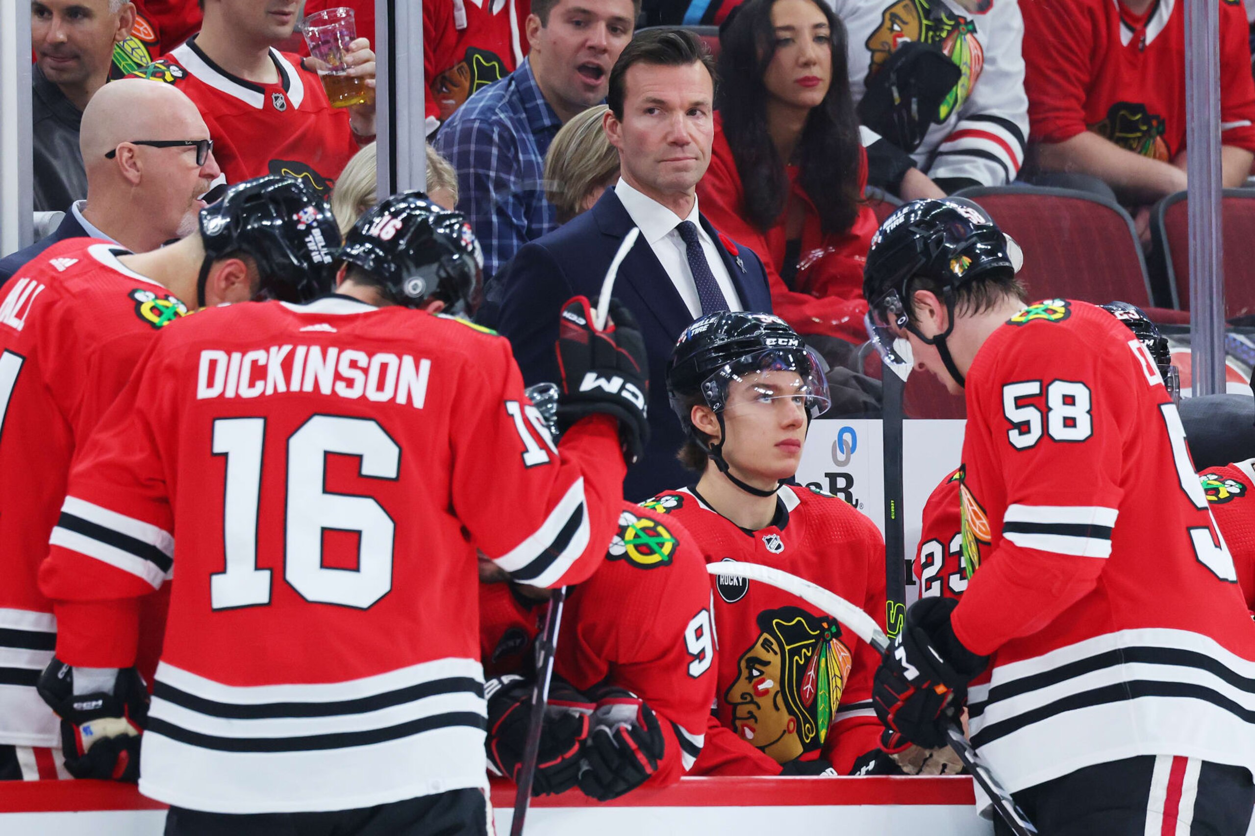 CHICAGO, ILLINOIS - NOVEMBER 05: Head coach Luke Richardson of the Chicago Blackhawks looks on against the New Jersey Devils during the first period at the United Center on November 05, 2023 in Chicago, Illinois. (Photo by Michael Reaves/Getty Images)