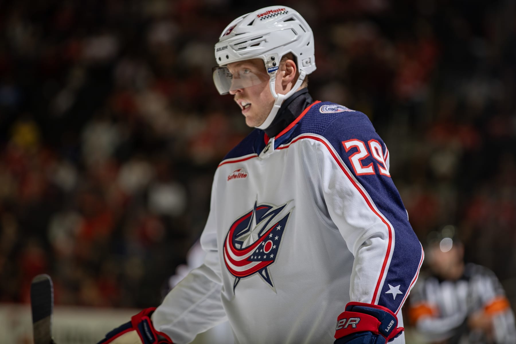 DETROIT, MI - NOVEMBER 11: Patrik Laine #29 of the Columbus Blue Jackets skates around on a play stoppage against the Columbus Blue Jackets during the second period at Little Caesars Arena on November 11, 2023 in Detroit, Michigan. Detroit defeated Columbus 5-4. (Photo by Dave Reginek/NHLI via Getty Images) DETROIT, MI - NOVEMBER 11: Patrik Laine #29 of the Columbus Blue Jackets skates around on a play stoppage against the Columbus Blue Jackets during the second period at Little Caesars Arena on November 11, 2023 in Detroit, Michigan. Detroit defeated Columbus 5-4. (Photo by Dave Reginek/NHLI via Getty Images)